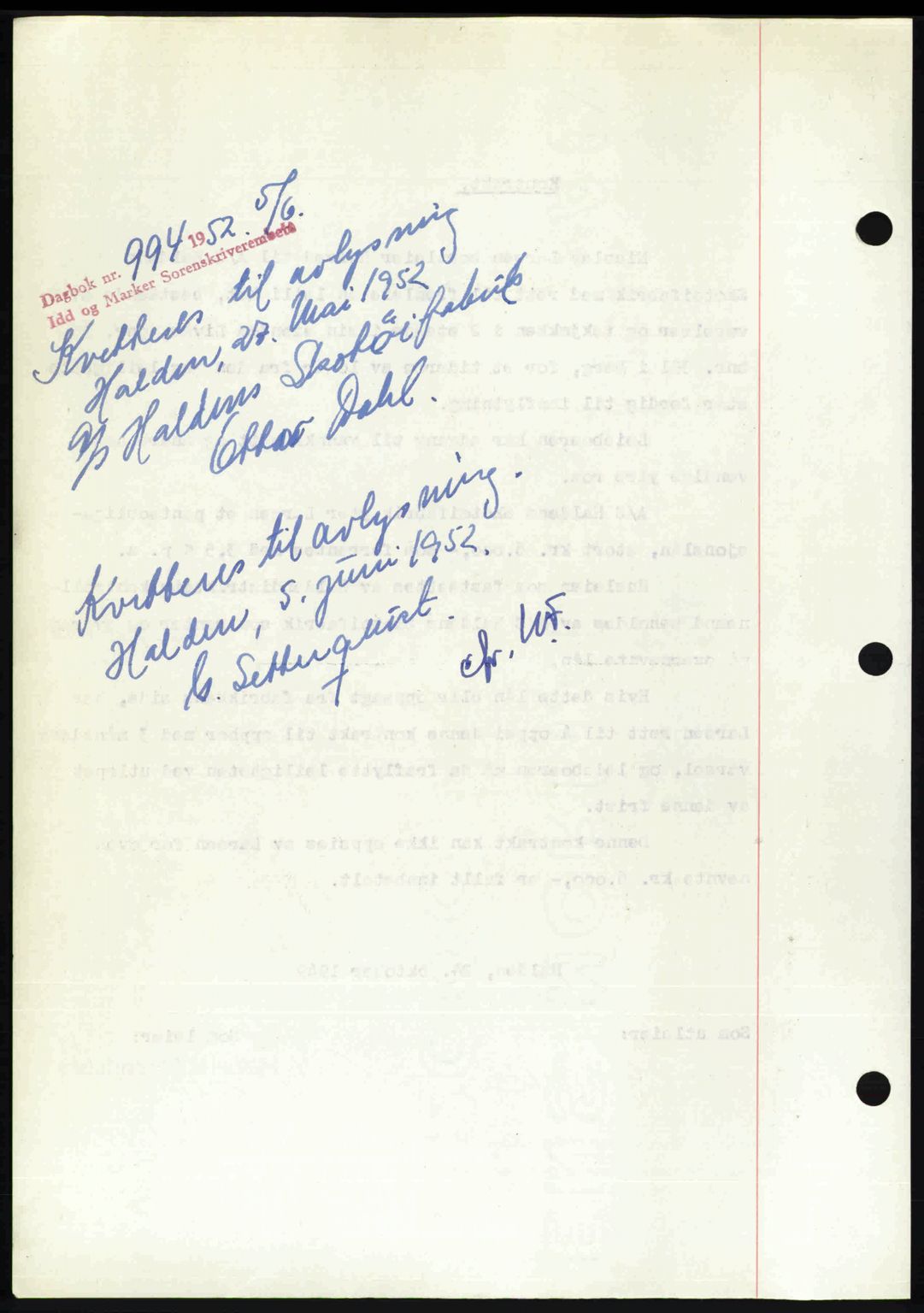 Idd og Marker sorenskriveri, AV/SAO-A-10283/G/Gb/Gbb/L0013: Mortgage book no. A13, 1949-1950, Diary no: : 994/1952