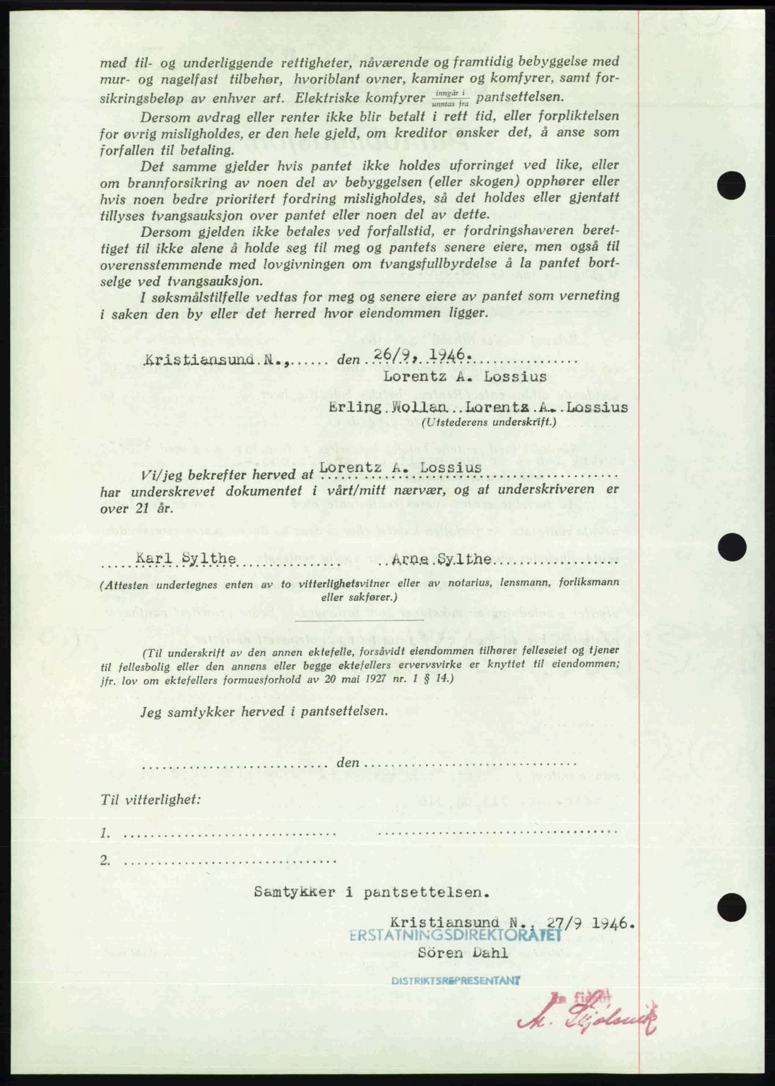 Kristiansund byfogd, AV/SAT-A-4587/A/27: Mortgage book no. 40, 1946-1946, Diary no: : 1076/1946