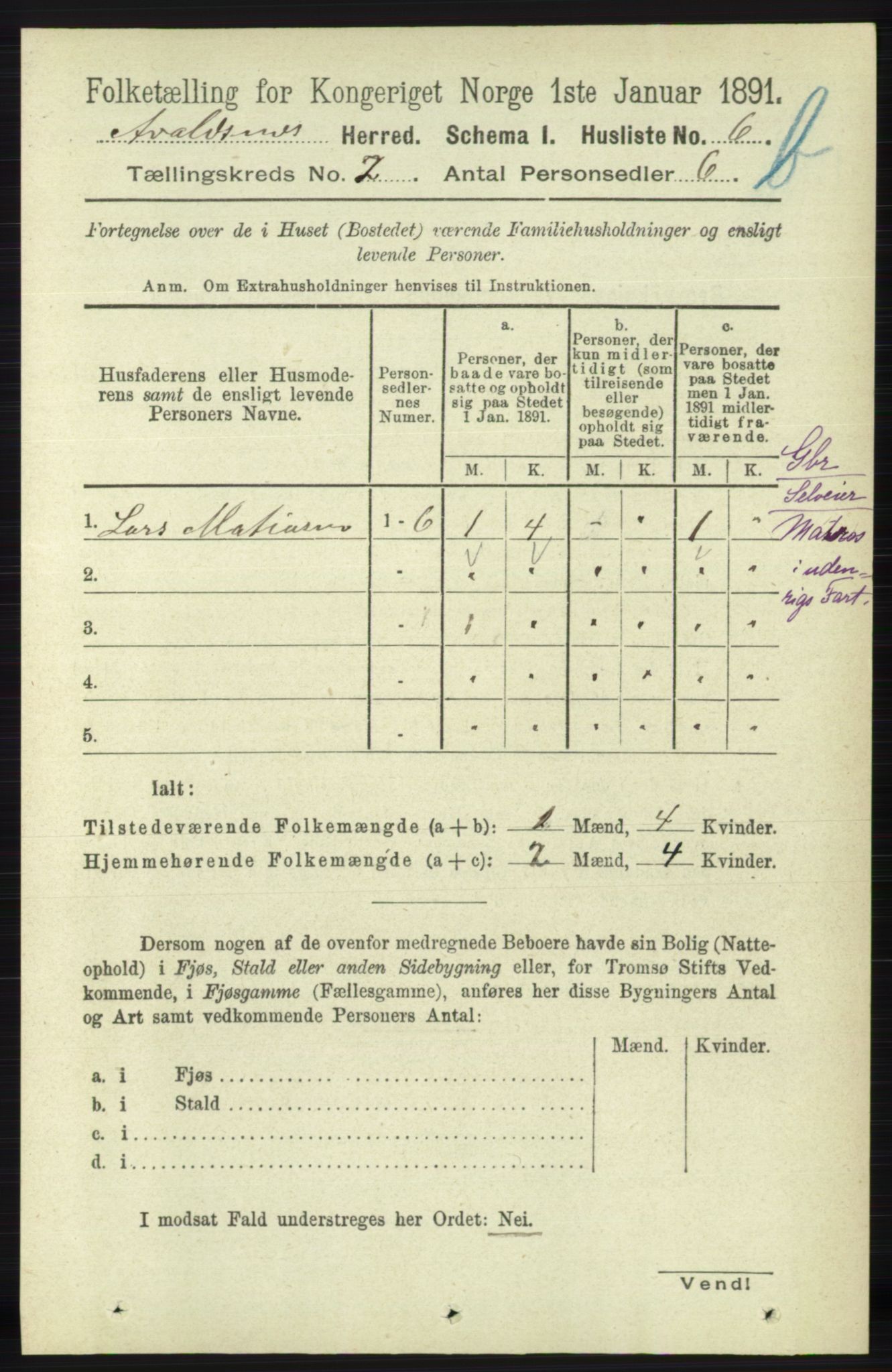 RA, 1891 census for 1147 Avaldsnes, 1891, p. 1895