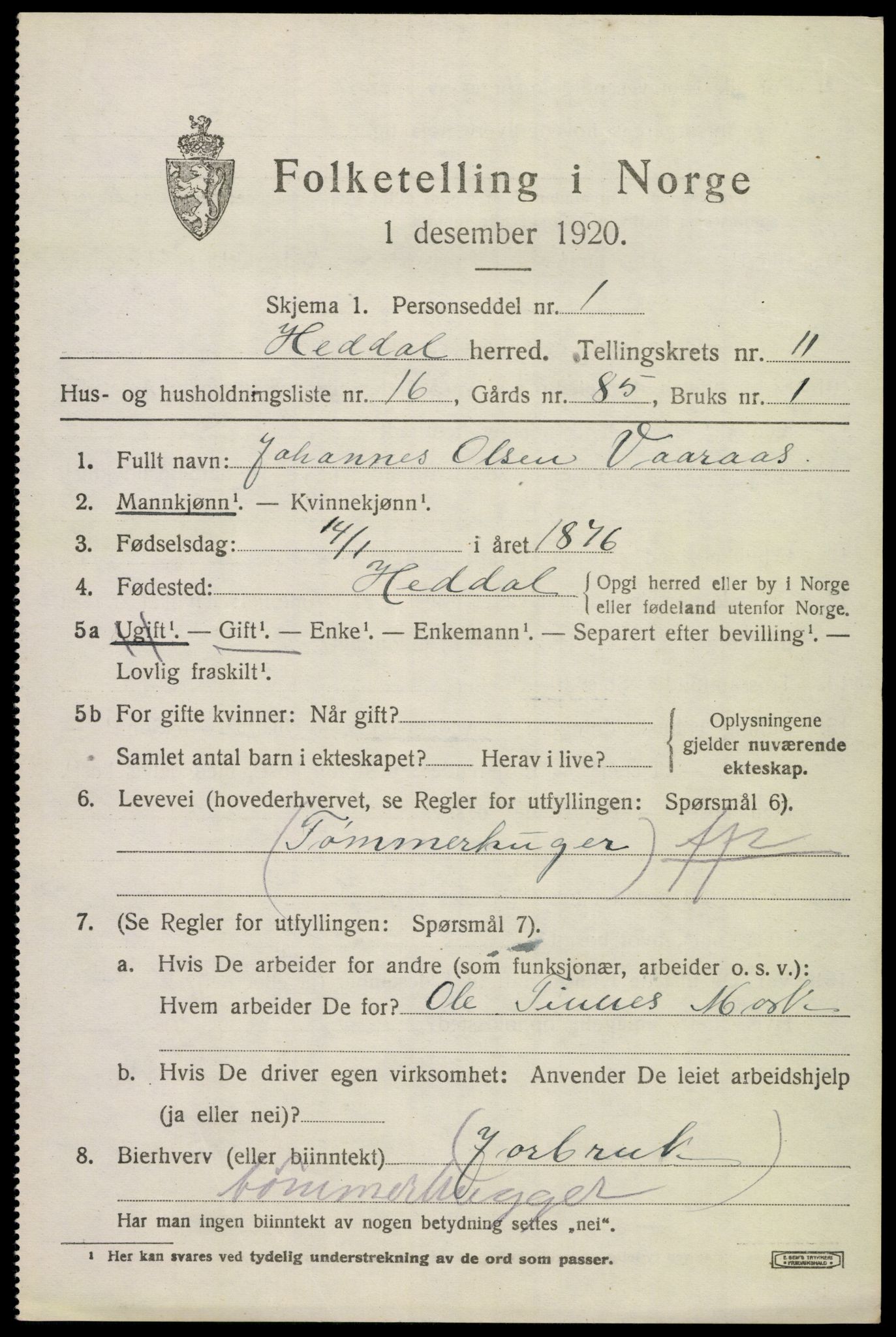 SAKO, 1920 census for Heddal, 1920, p. 7916