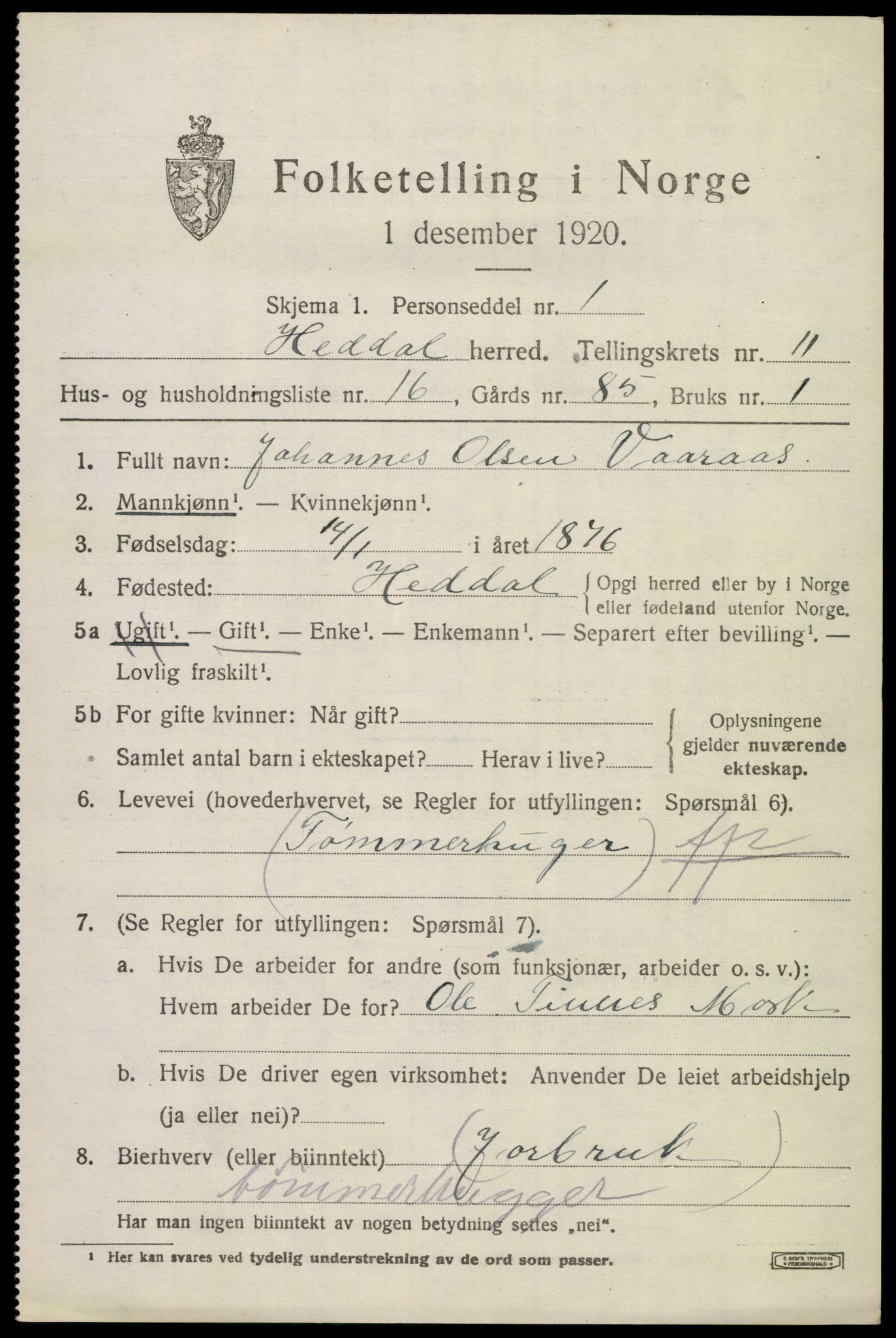 SAKO, 1920 census for Heddal, 1920, p. 7916