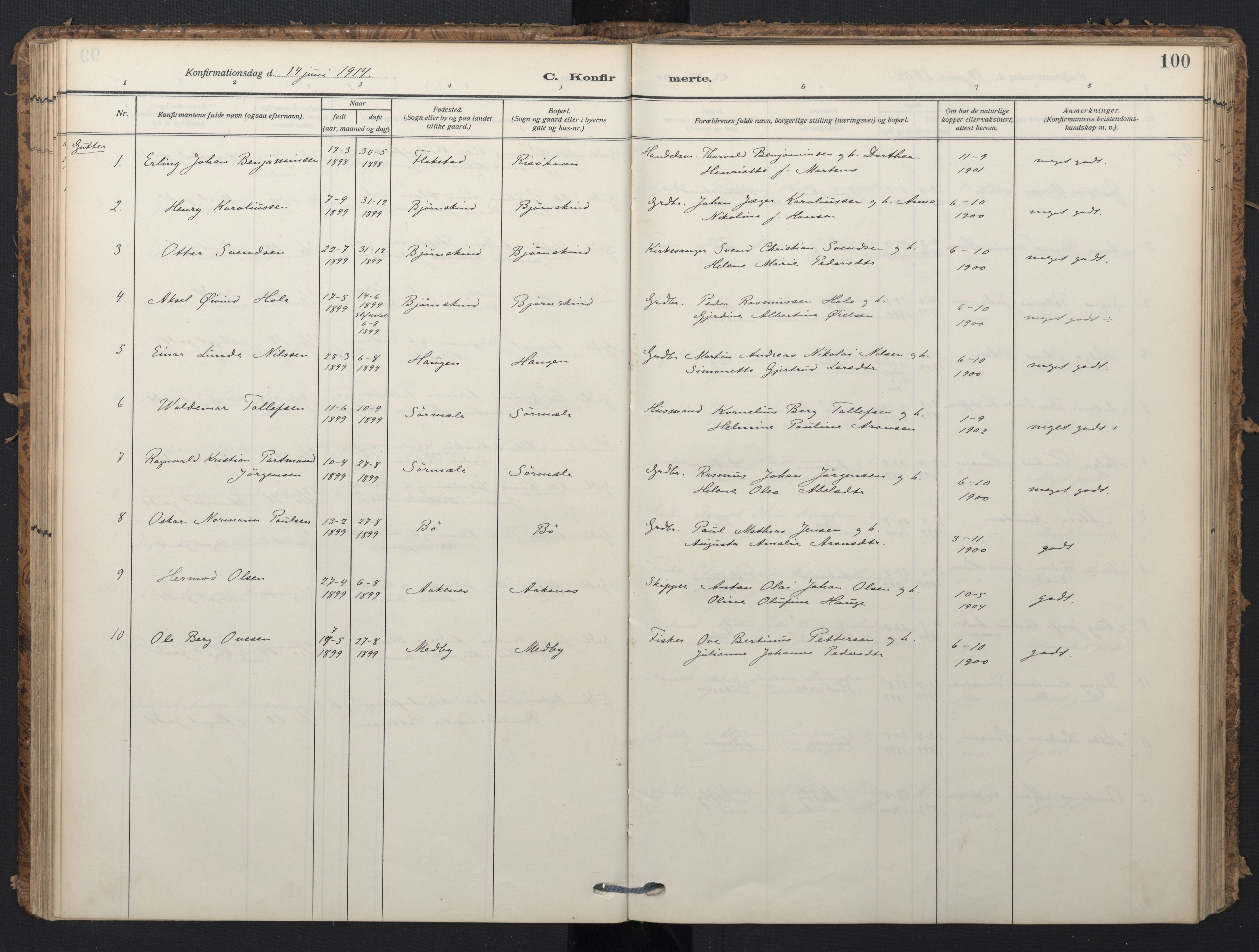 Ministerialprotokoller, klokkerbøker og fødselsregistre - Nordland, SAT/A-1459/898/L1423: Parish register (official) no. 898A03, 1909-1928, p. 100