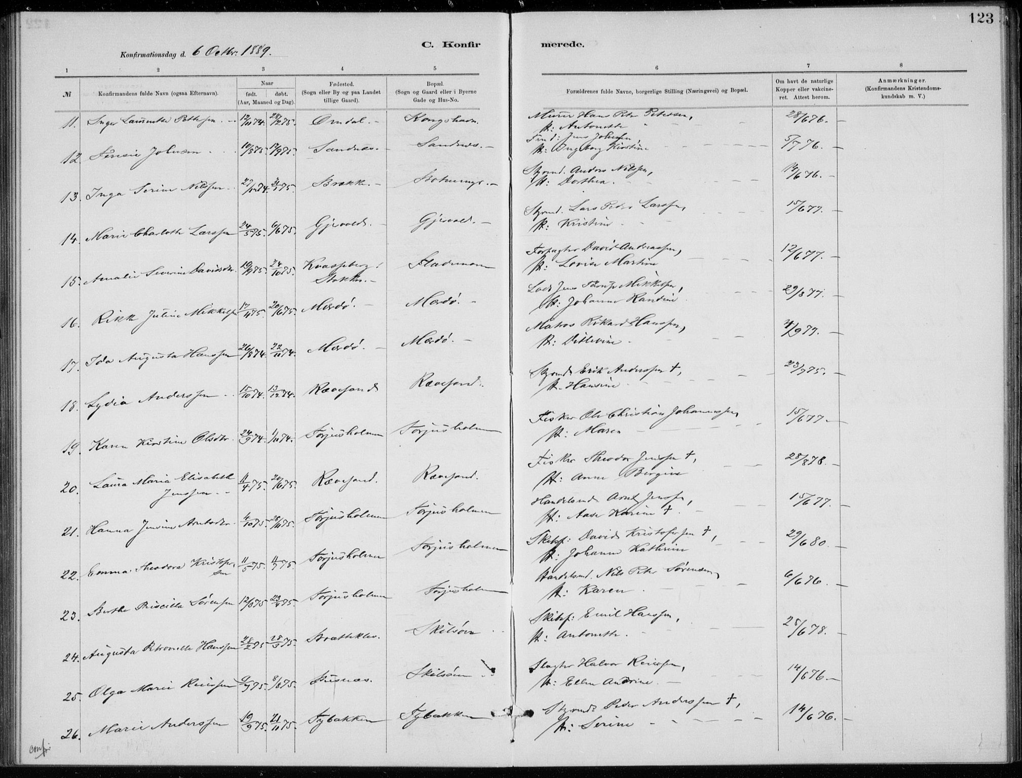 Tromøy sokneprestkontor, SAK/1111-0041/F/Fb/L0005: Parish register (copy) no. B 5, 1877-1891, p. 123