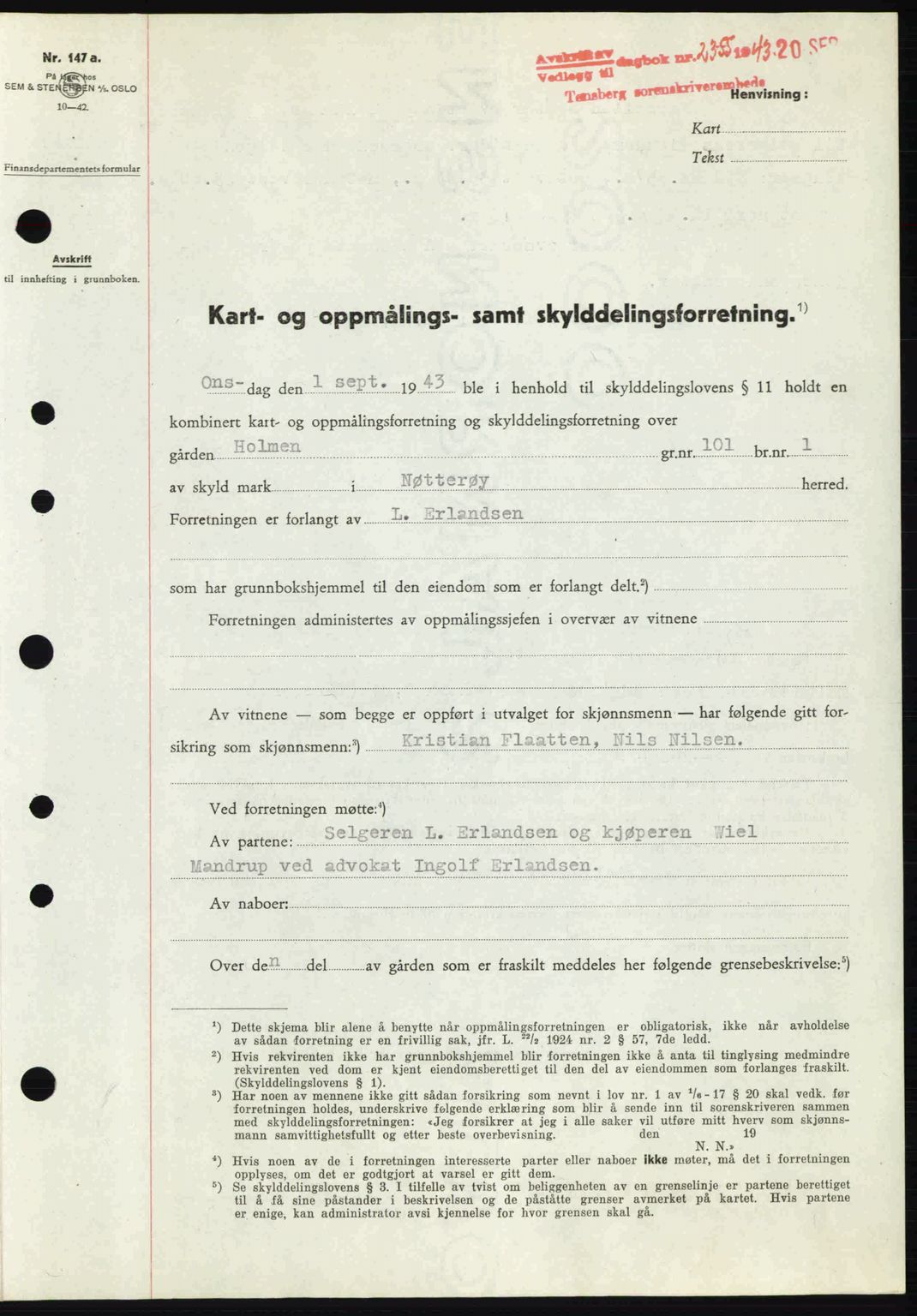 Tønsberg sorenskriveri, AV/SAKO-A-130/G/Ga/Gaa/L0014: Mortgage book no. A14, 1943-1944, Diary no: : 2355/1943