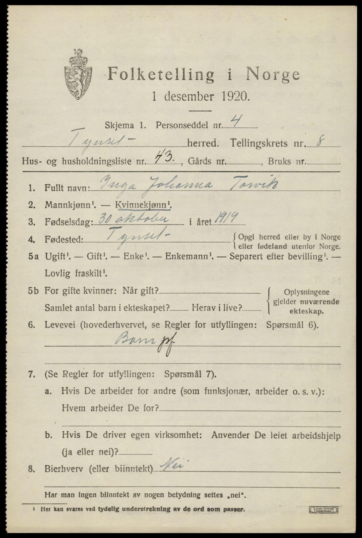 SAH, 1920 census for Tynset, 1920, p. 7134