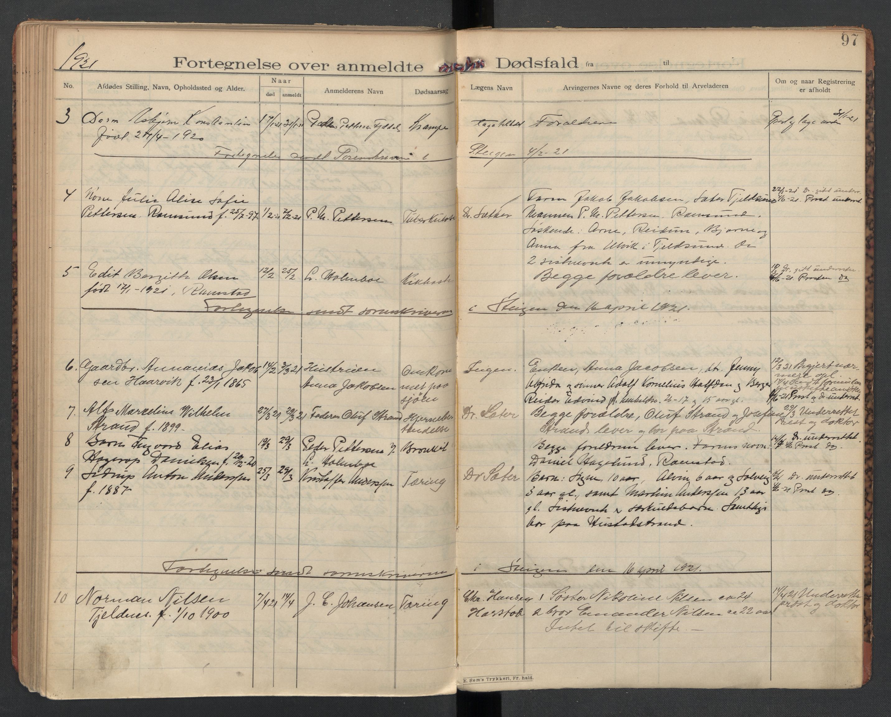 Lødingen og Tjeldsund lensmannskontor, AV/SAT-A-5698/1/02/L0002: 2.01.02 - Dødsfallsprotokoll, 1907-1921, p. 97