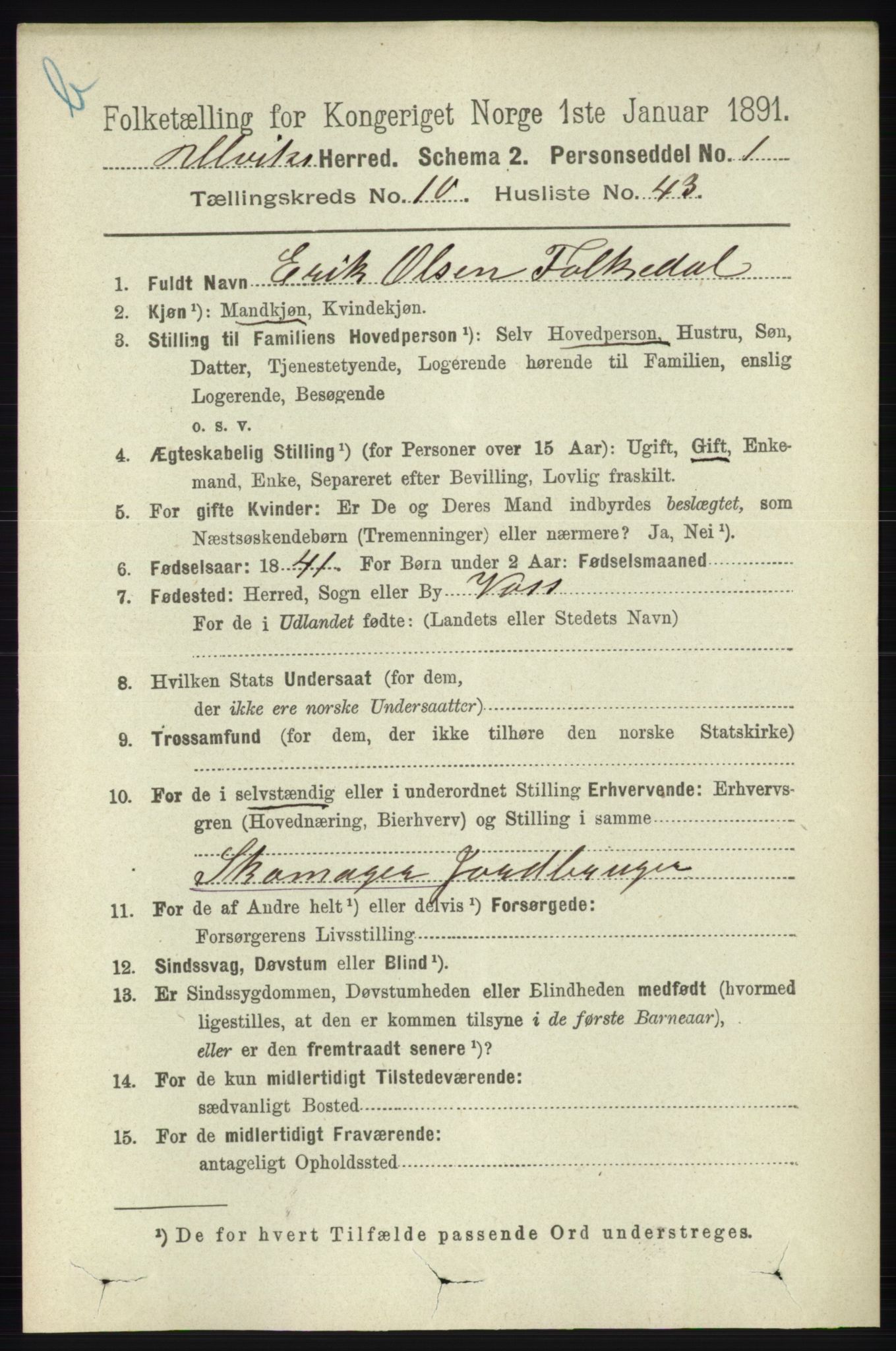 RA, 1891 census for 1233 Ulvik, 1891, p. 3427