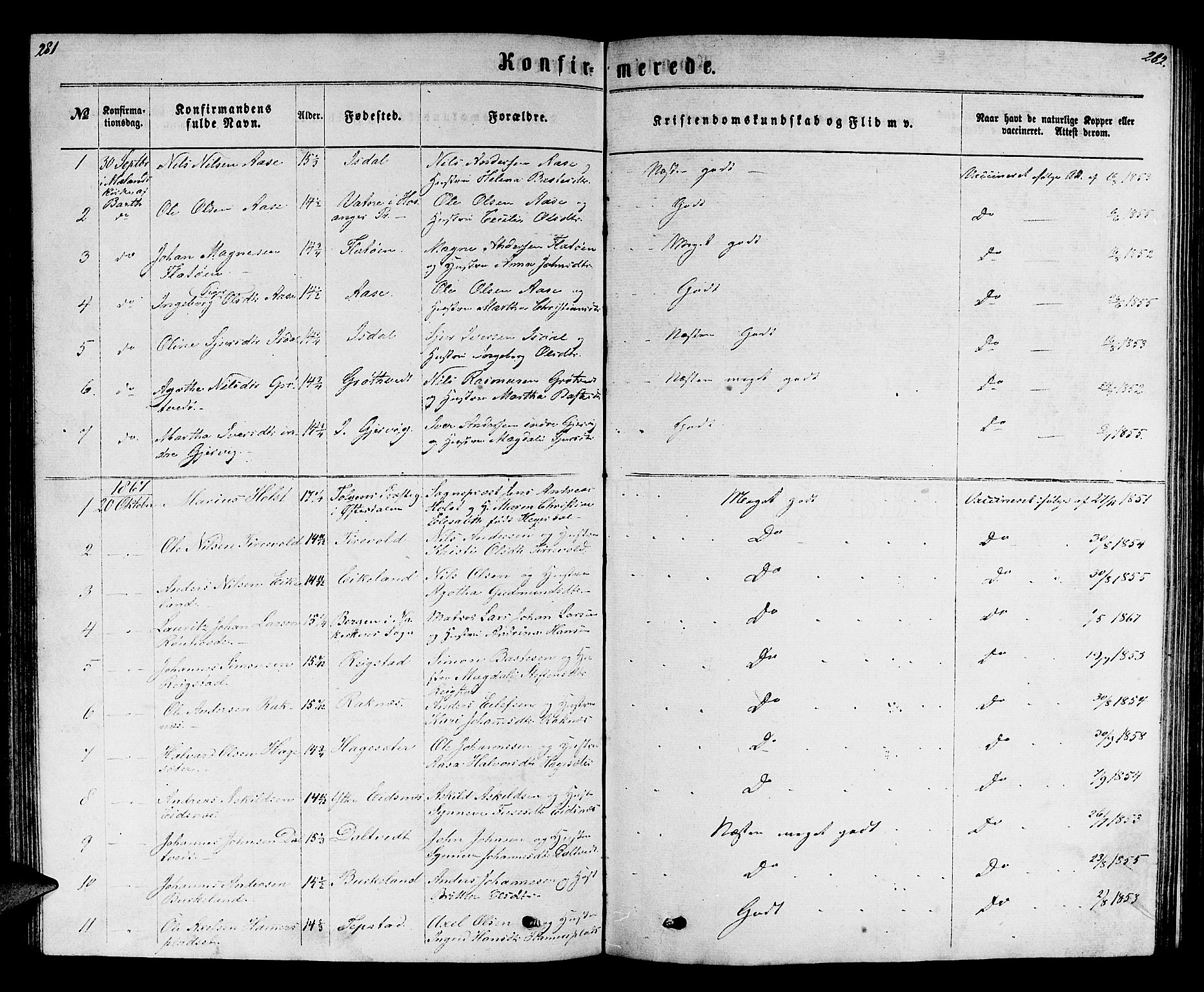 Hamre sokneprestembete, SAB/A-75501/H/Ha/Hab: Parish register (copy) no. B 2, 1863-1880, p. 281-282