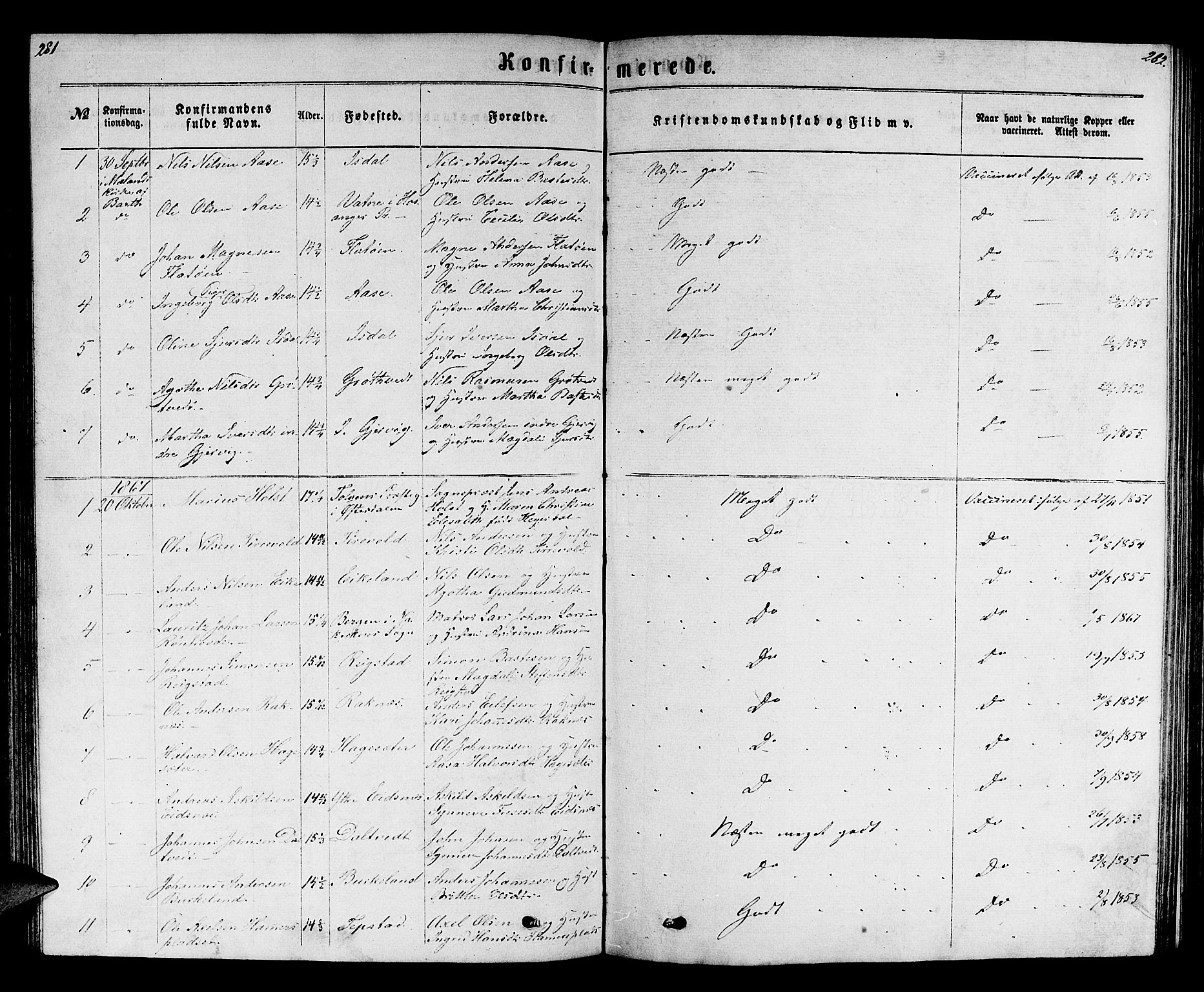 Hamre sokneprestembete, AV/SAB-A-75501/H/Ha/Hab: Parish register (copy) no. B 2, 1863-1880, p. 281-282