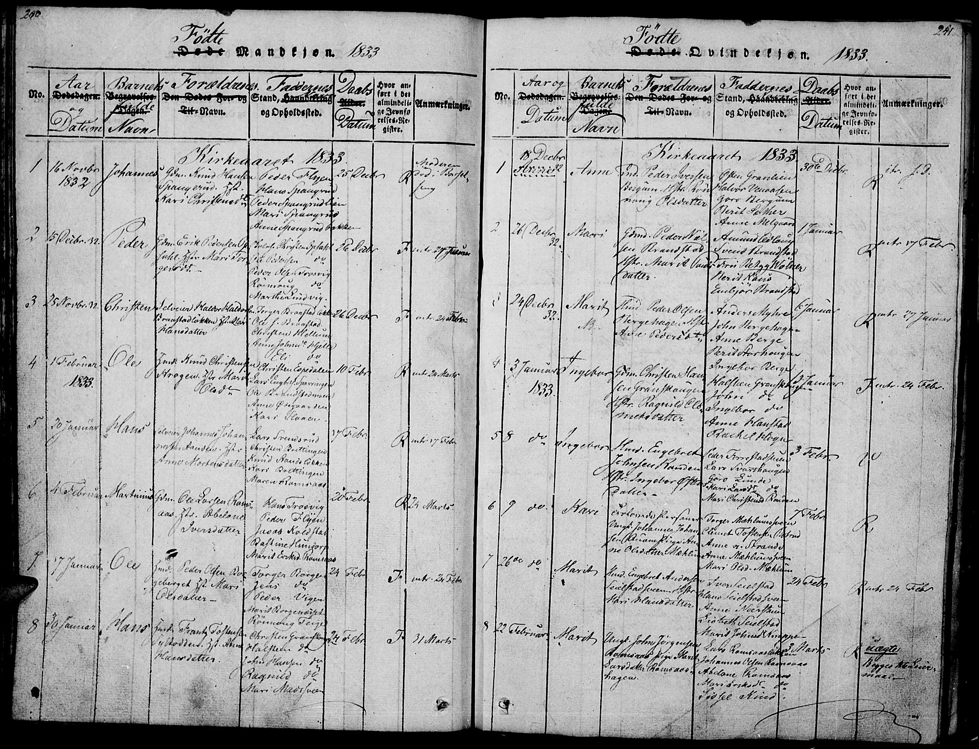 Ringebu prestekontor, SAH/PREST-082/H/Ha/Haa/L0004: Parish register (official) no. 4, 1821-1839, p. 240-241