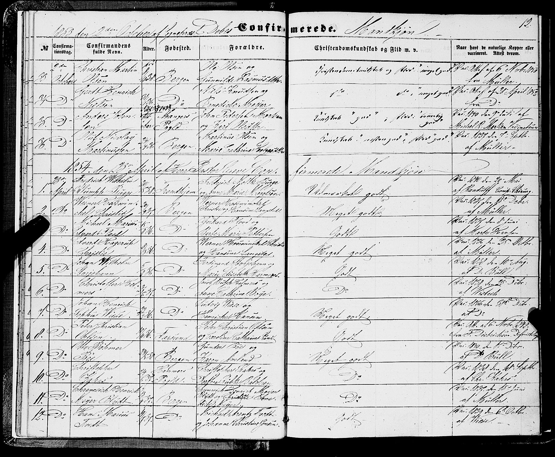 Domkirken sokneprestembete, SAB/A-74801/H/Haa/L0028: Parish register (official) no. C 3, 1852-1864, p. 12