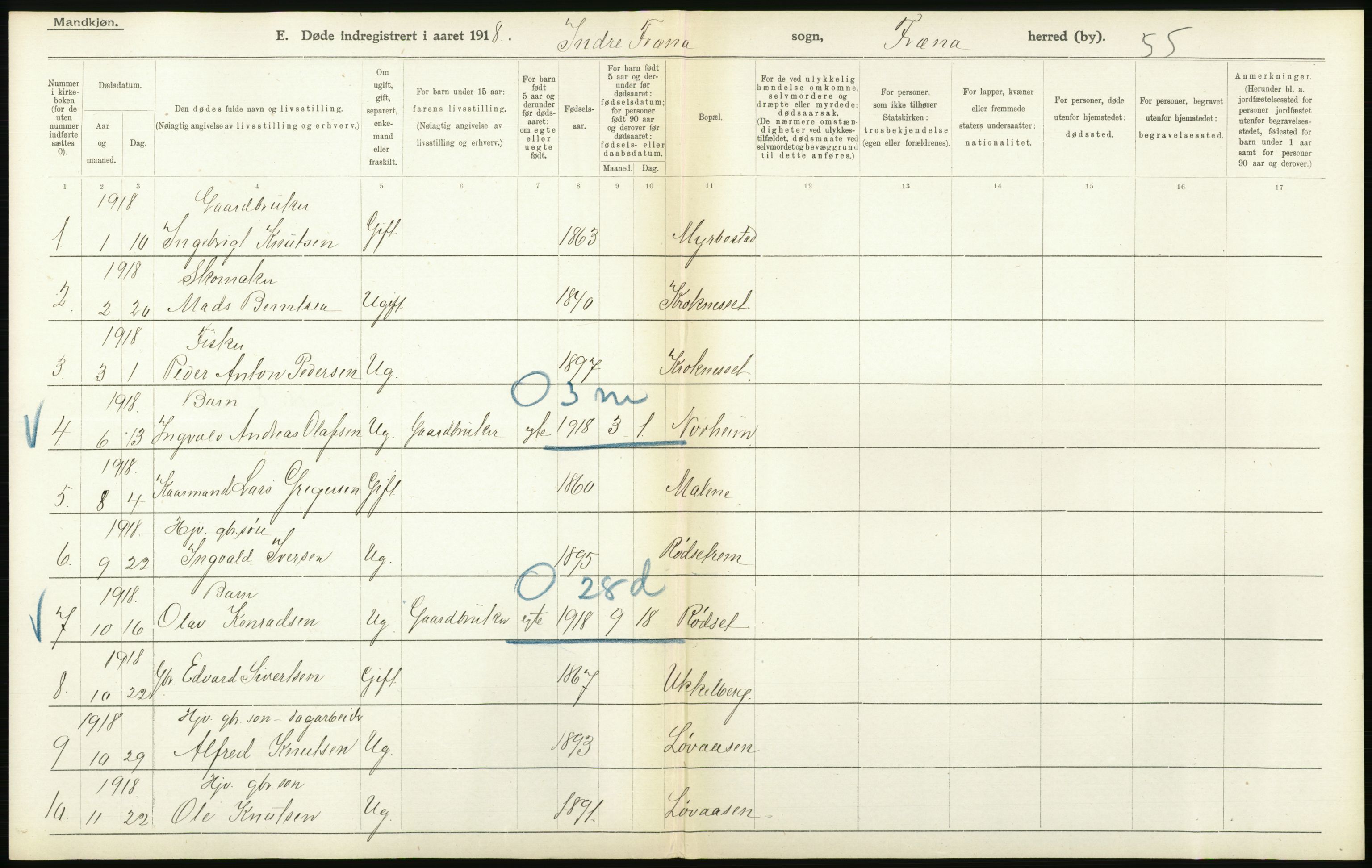 Statistisk sentralbyrå, Sosiodemografiske emner, Befolkning, AV/RA-S-2228/D/Df/Dfb/Dfbh/L0045: Møre fylke: Døde. Bygder og byer., 1918, p. 426