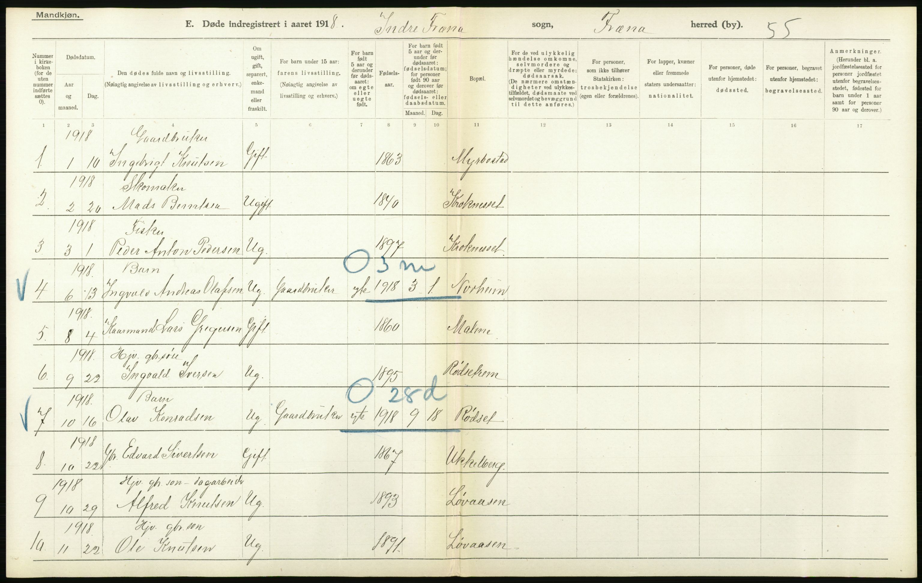 Statistisk sentralbyrå, Sosiodemografiske emner, Befolkning, RA/S-2228/D/Df/Dfb/Dfbh/L0045: Møre fylke: Døde. Bygder og byer., 1918, p. 426