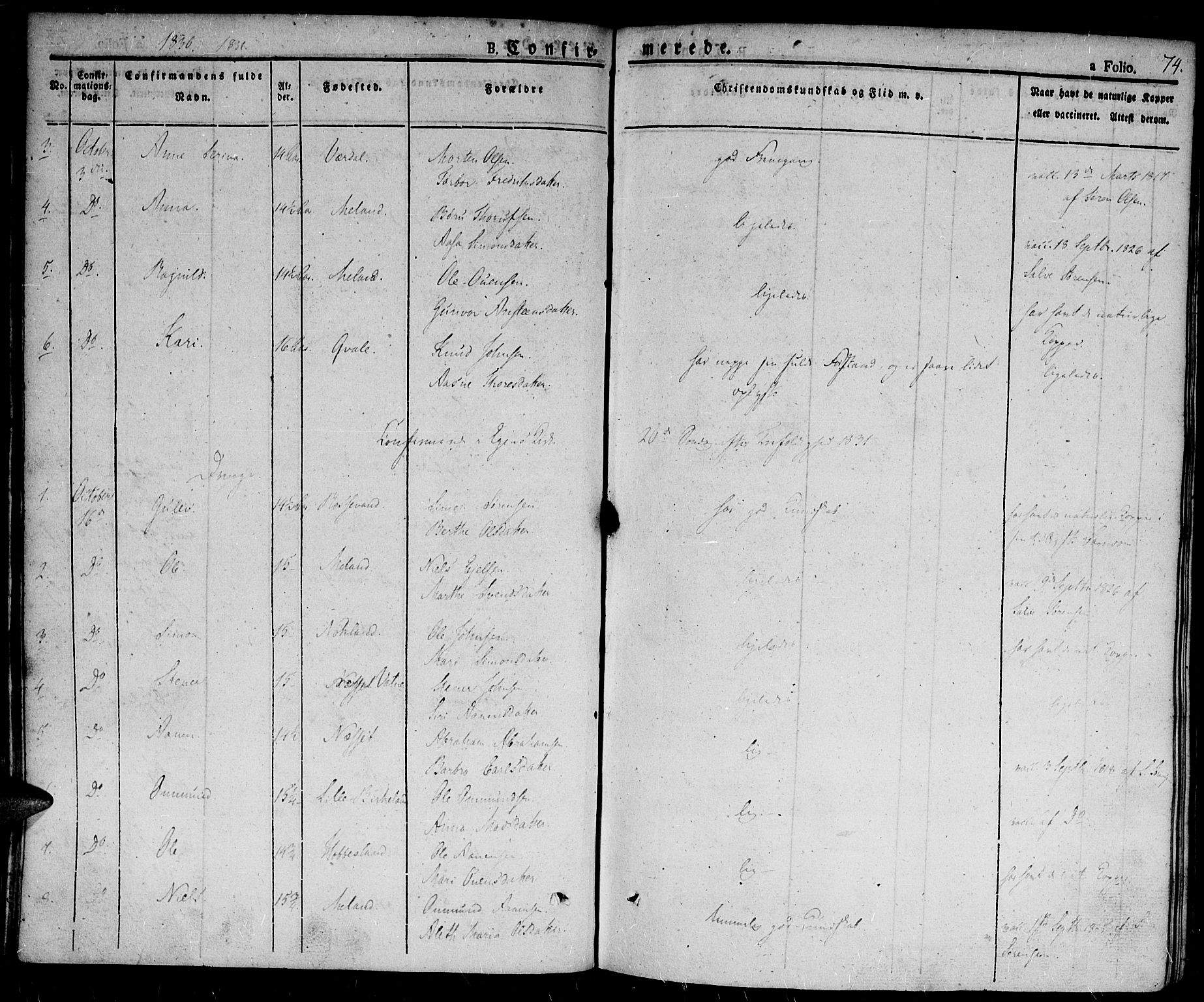 Hægebostad sokneprestkontor, AV/SAK-1111-0024/F/Fa/Fab/L0001: Parish register (official) no. A 1, 1823-1867, p. 74