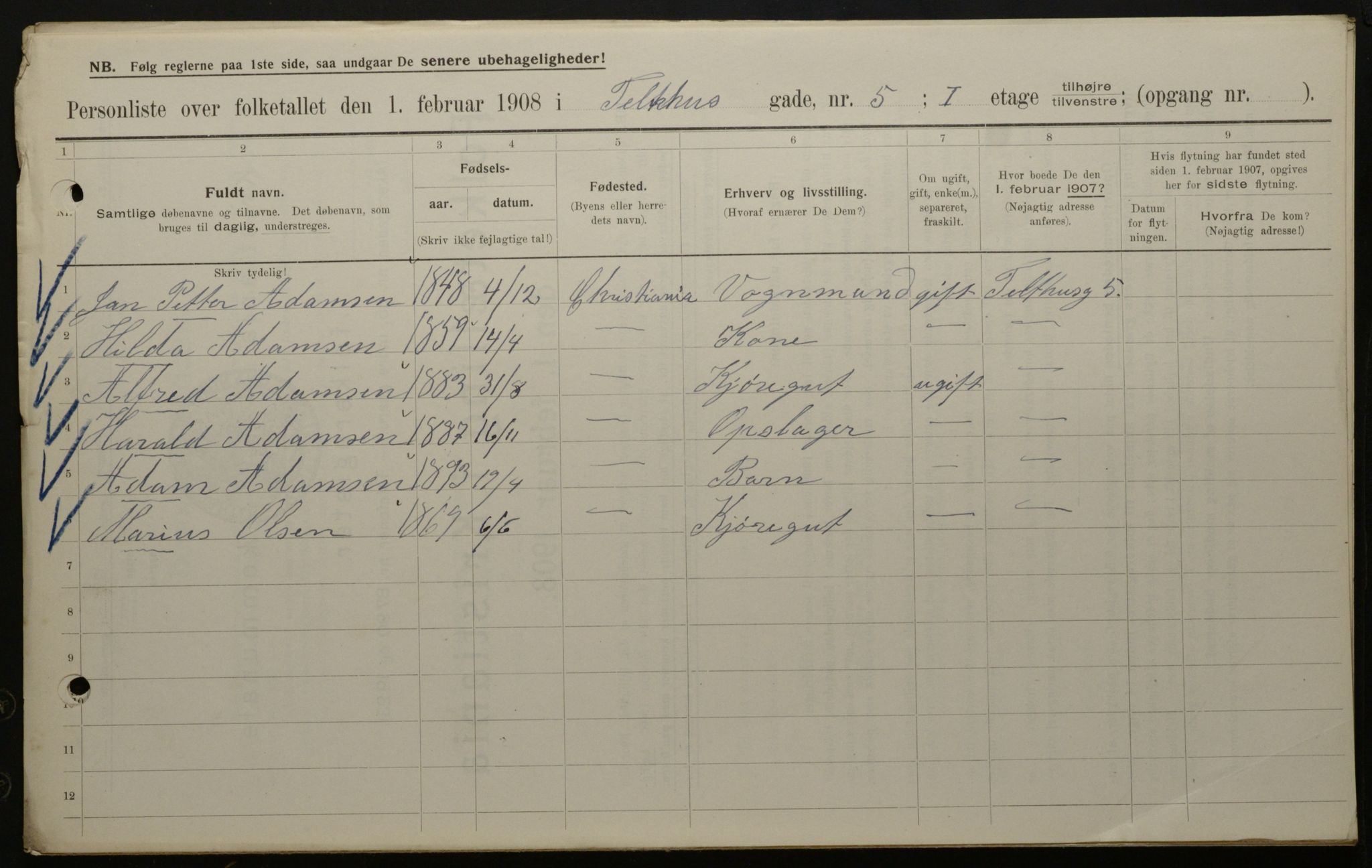 OBA, Municipal Census 1908 for Kristiania, 1908, p. 96713