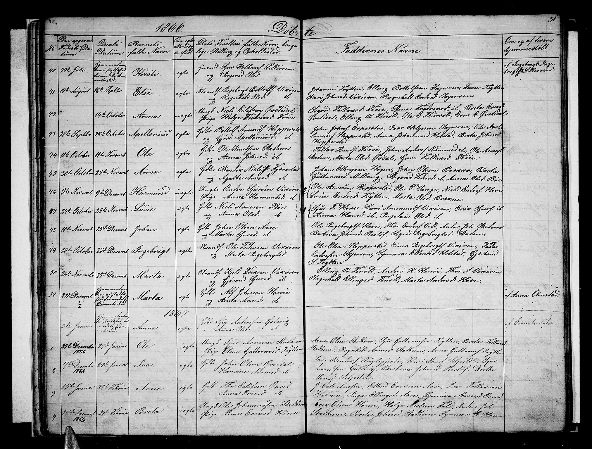 Vik sokneprestembete, AV/SAB-A-81501/H/Hab/Haba/L0002: Parish register (copy) no. A 2, 1856-1877, p. 31