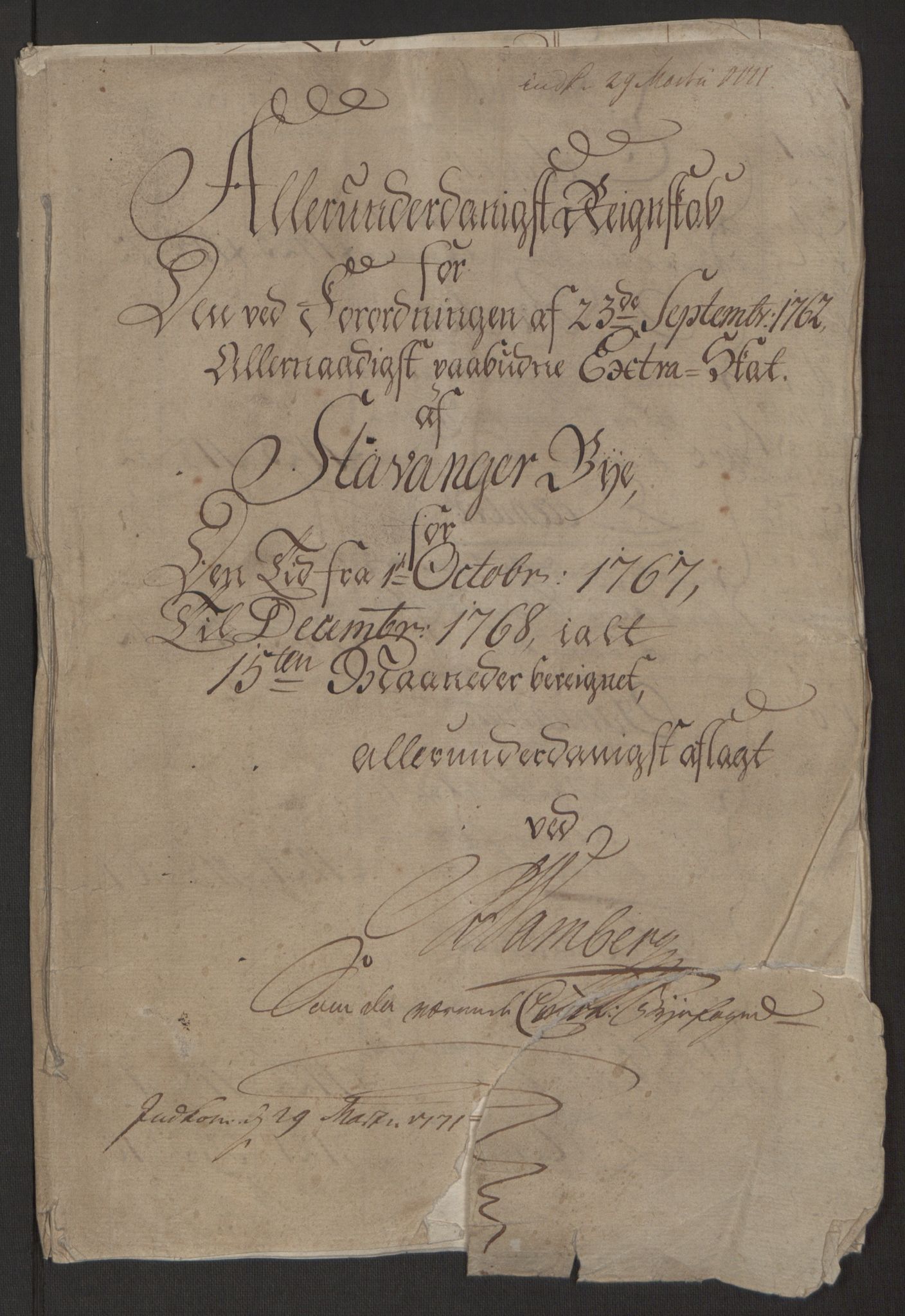 Rentekammeret inntil 1814, Reviderte regnskaper, Byregnskaper, AV/RA-EA-4066/R/Ro/L0305/0001: [O6] Kontribusjonsregnskap / Ekstraskatt, 1762-1768, p. 336