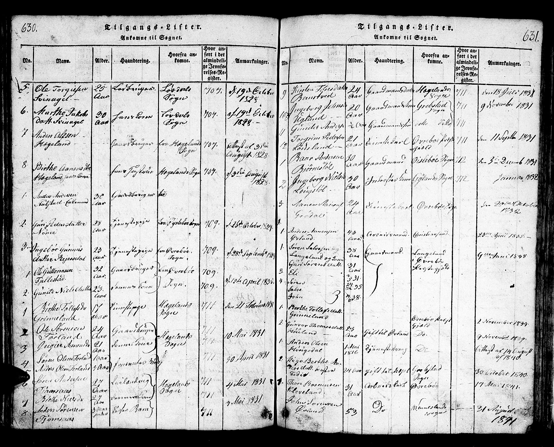 Bjelland sokneprestkontor, SAK/1111-0005/F/Fb/Fbb/L0003: Parish register (copy) no. B 3, 1816-1868, p. 630-631