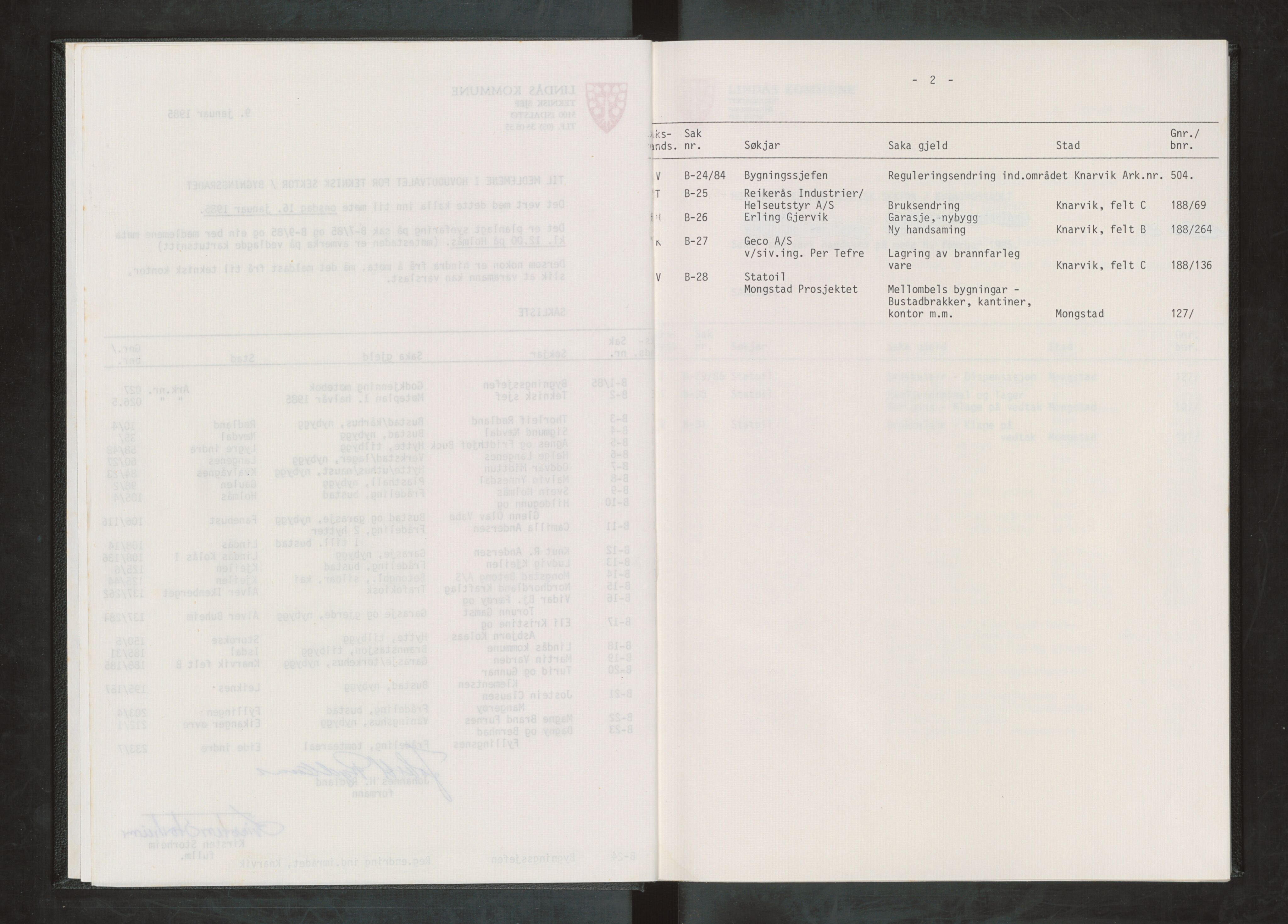 Lindås kommune. Bygningsrådet, IKAH/1263-511/A/Aa/L0054: Møtebok for Lindås bygningsråd, 1985