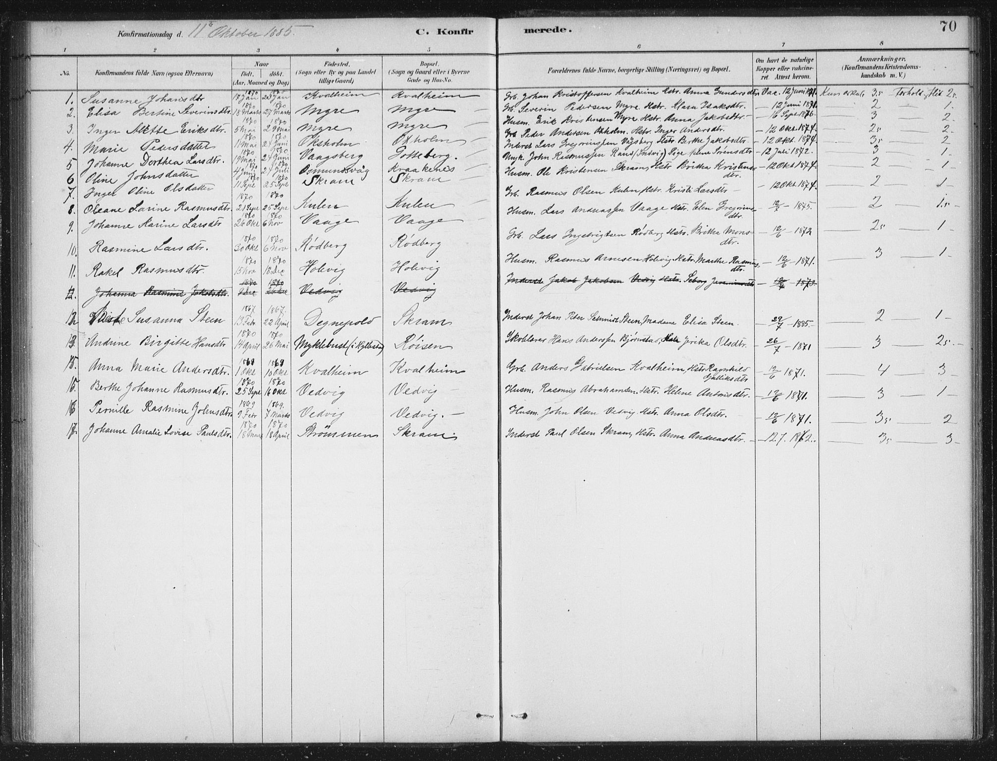 Selje sokneprestembete, AV/SAB-A-99938/H/Ha/Haa/Haac/L0001: Parish register (official) no. C  1, 1881-1888, p. 70