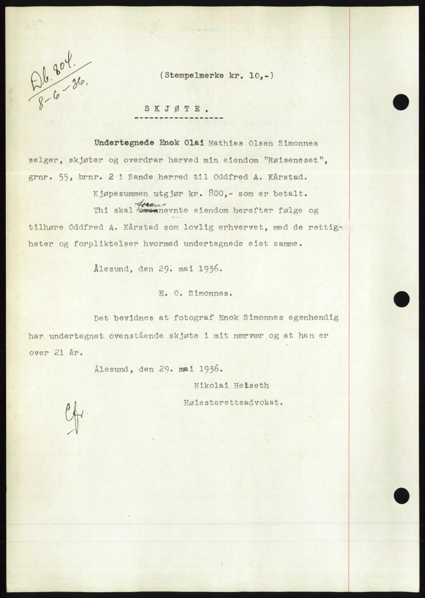 Søre Sunnmøre sorenskriveri, AV/SAT-A-4122/1/2/2C/L0060: Mortgage book no. 54, 1935-1936, Deed date: 08.06.1936