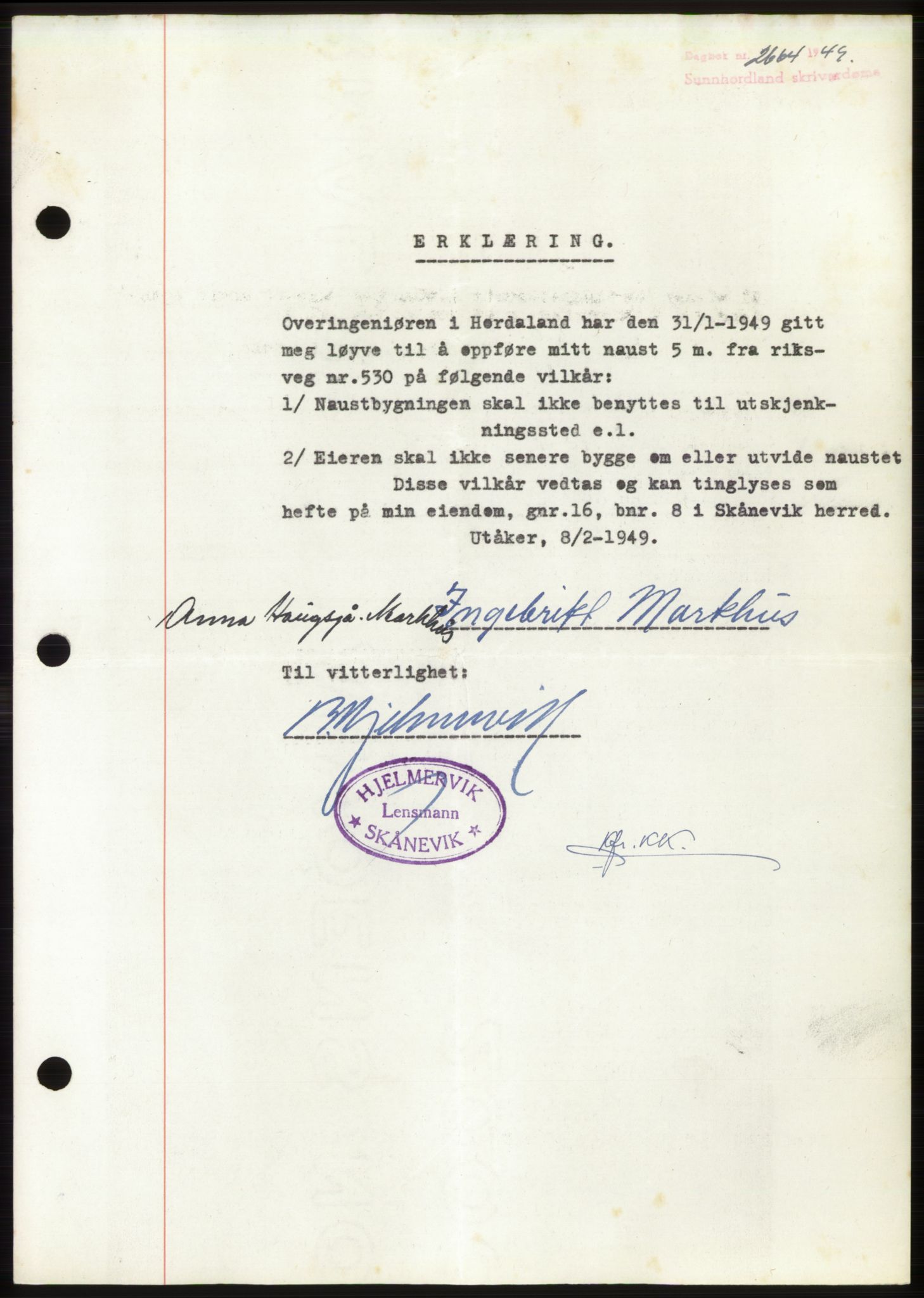 Sunnhordland sorenskrivar, AV/SAB-A-2401: Mortgage book no. B75-79, 1948-1950, Diary no: : 2664/1949