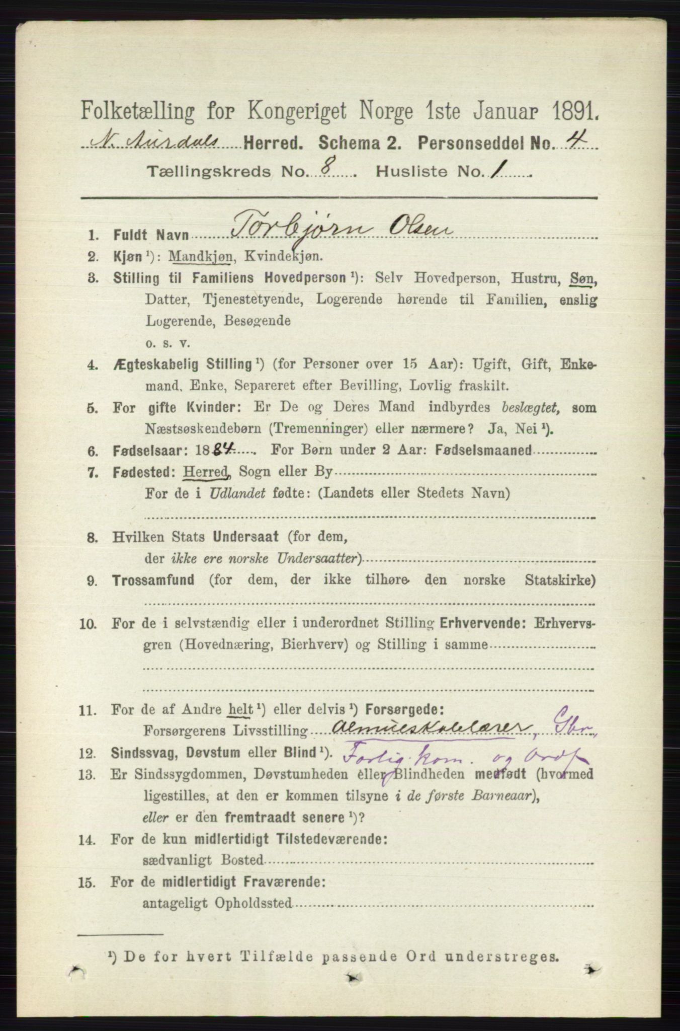 RA, 1891 census for 0542 Nord-Aurdal, 1891, p. 2802