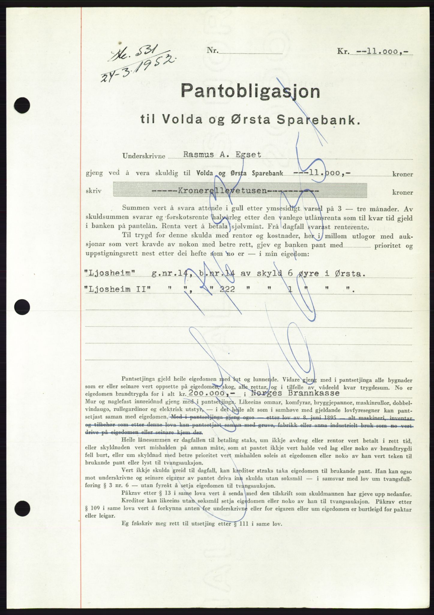 Søre Sunnmøre sorenskriveri, AV/SAT-A-4122/1/2/2C/L0121: Mortgage book no. 9B, 1951-1952, Diary no: : 531/1952