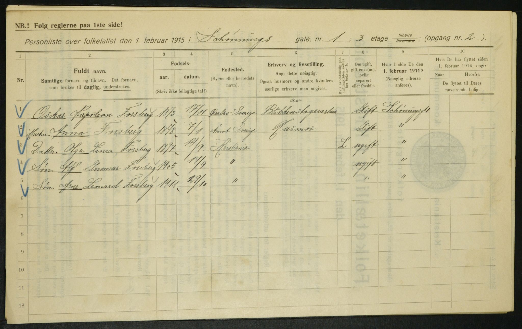 OBA, Municipal Census 1915 for Kristiania, 1915, p. 93072