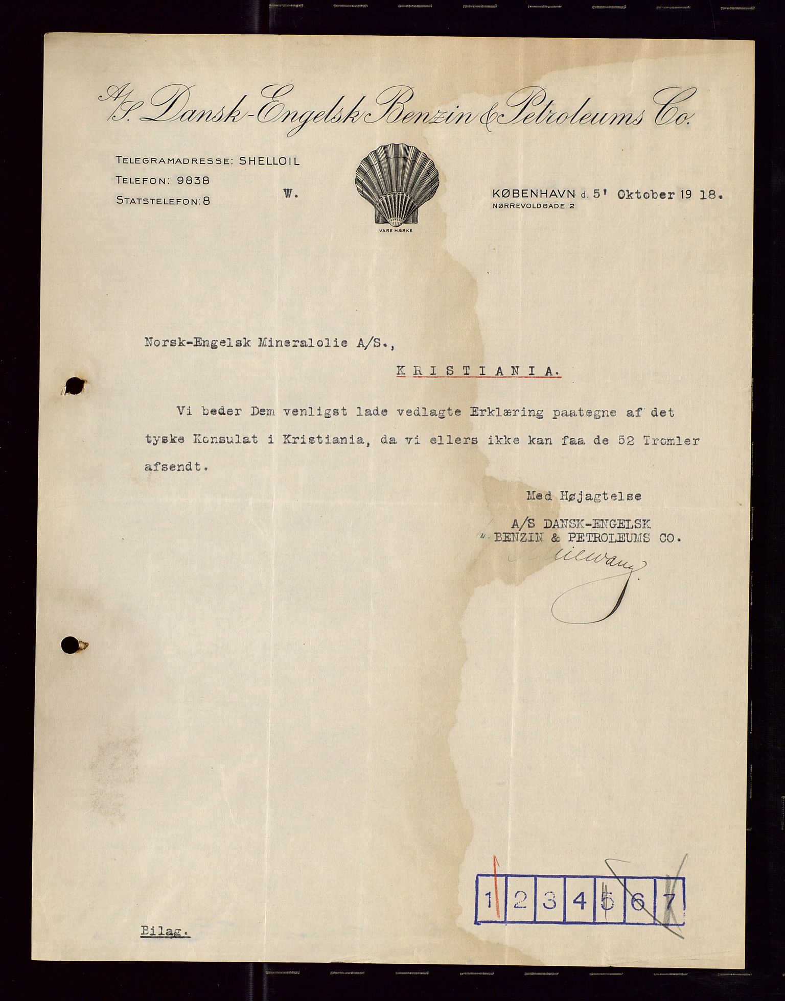 Pa 1521 - A/S Norske Shell, AV/SAST-A-101915/E/Ea/Eaa/L0005: Sjefskorrespondanse, 1918, p. 109