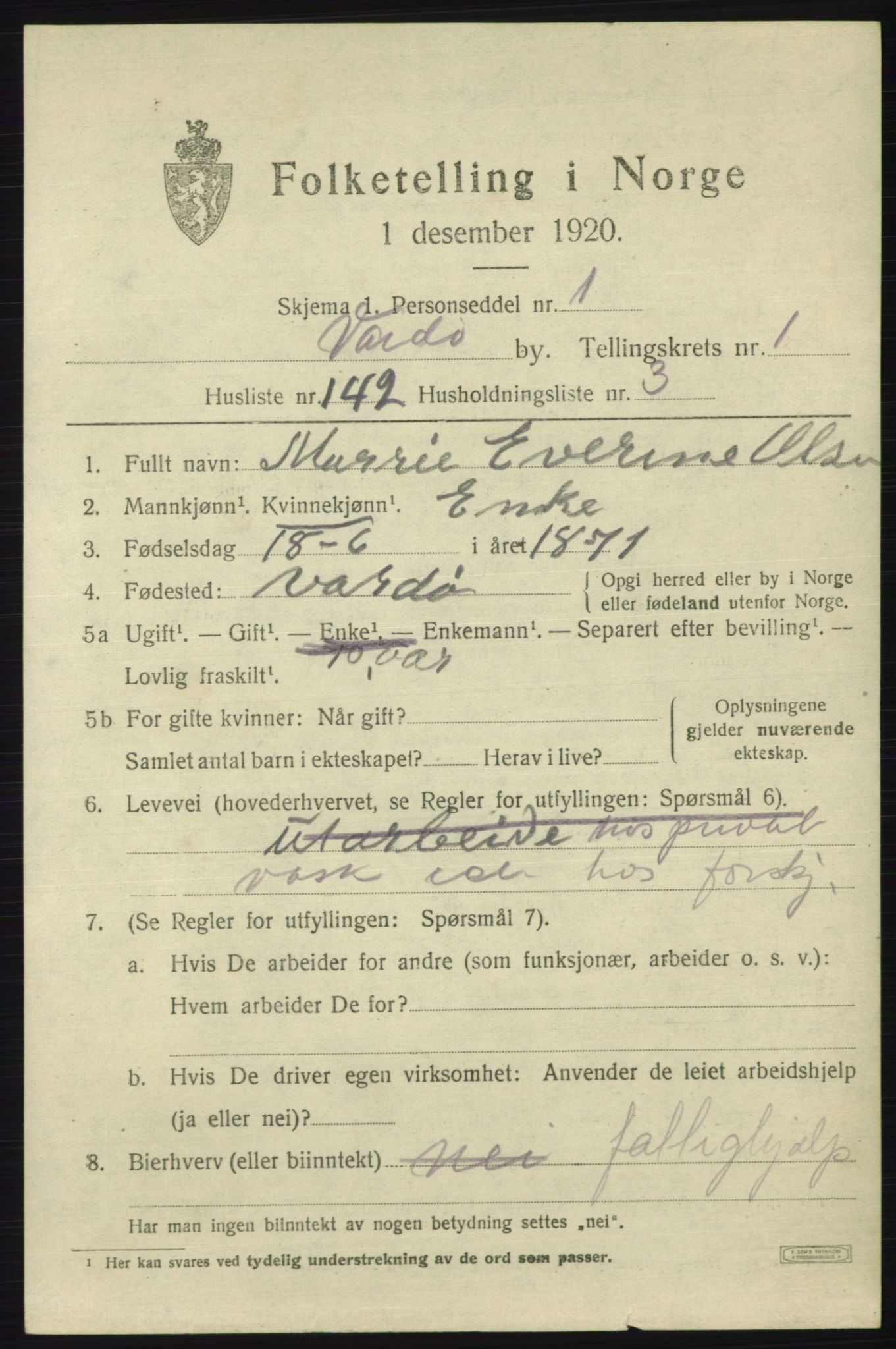 SATØ, 1920 census for Vardø, 1920, p. 4922