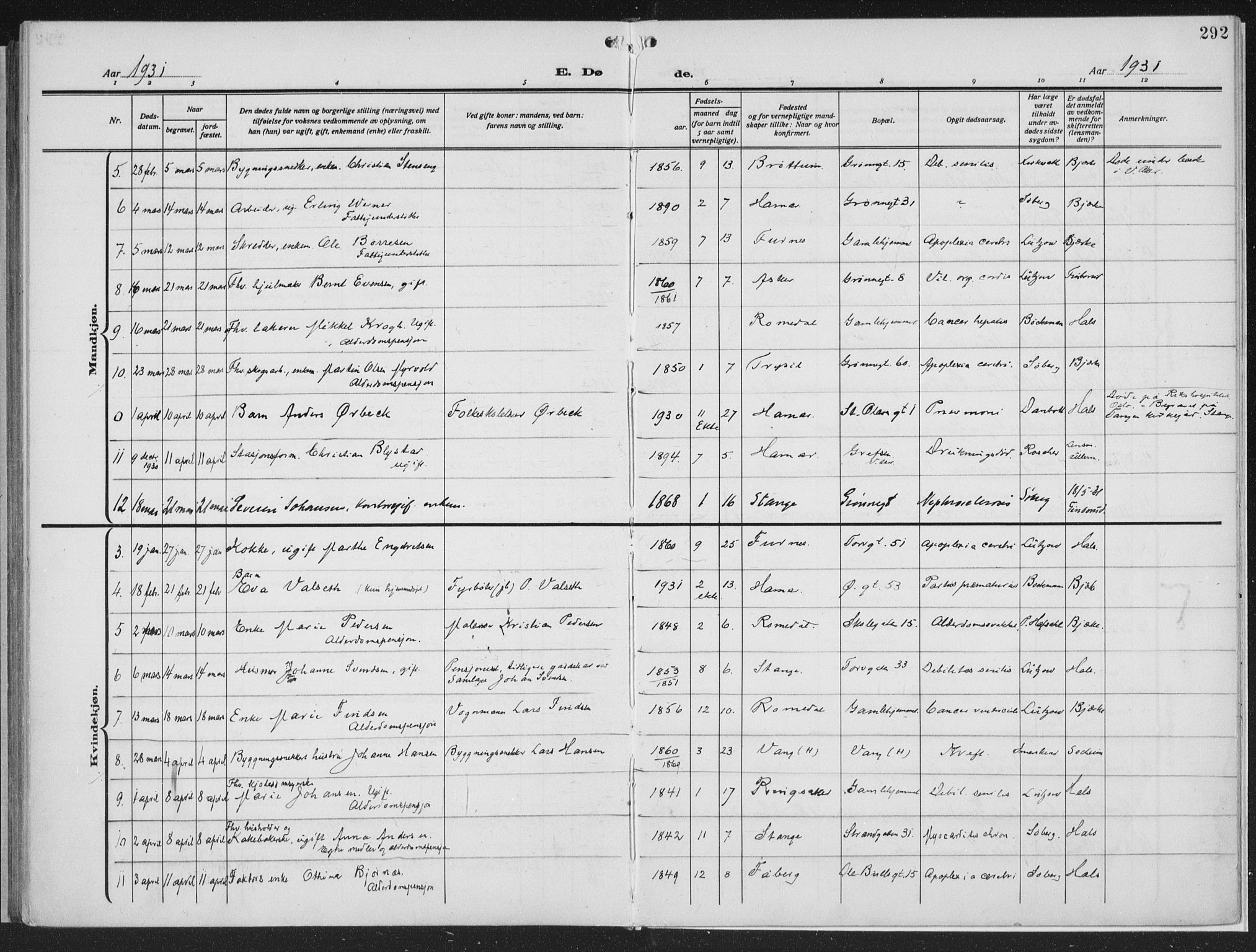 Hamar prestekontor, SAH/DOMPH-002/H/Ha/Haa/L0002: Parish register (official) no. 2, 1915-1936, p. 292