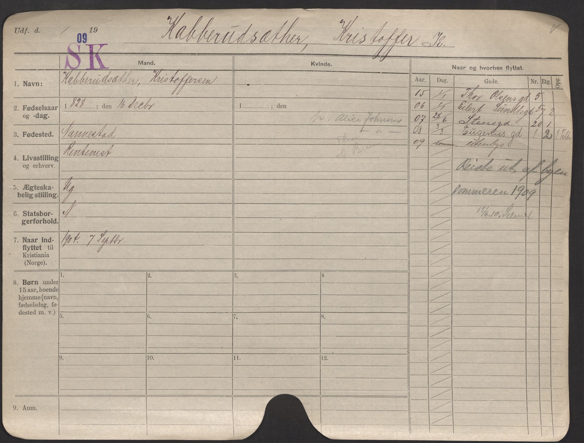 Oslo folkeregister, Registerkort, AV/SAO-A-11715/F/Fa/Fac/L0006: Menn, 1906-1914, p. 7a