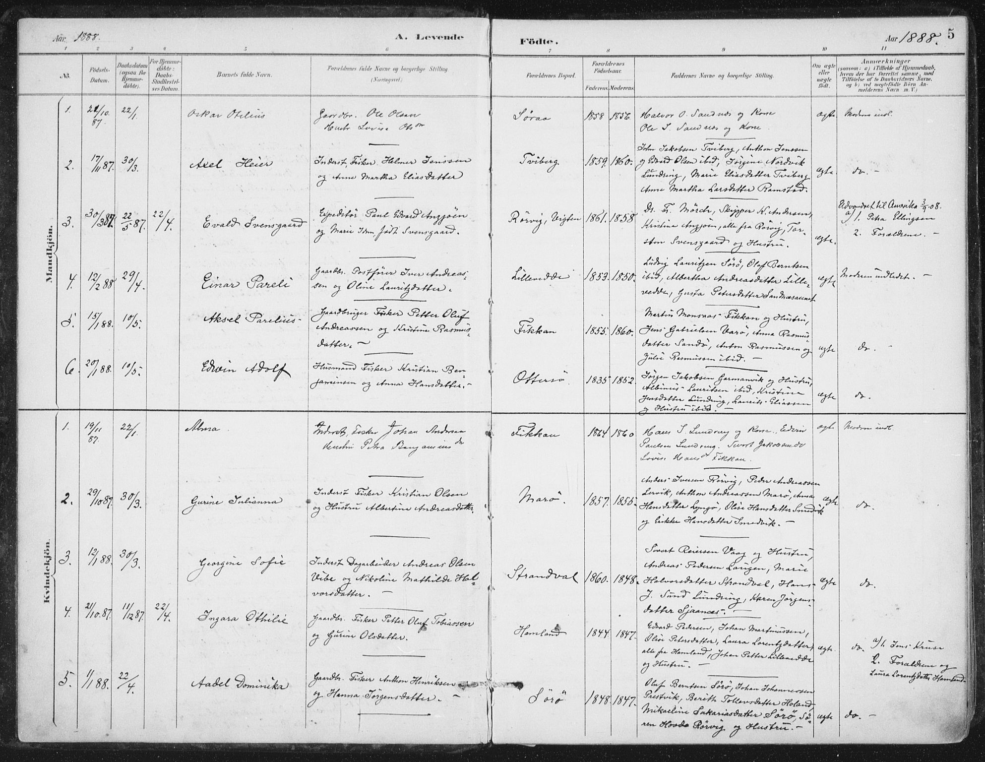 Ministerialprotokoller, klokkerbøker og fødselsregistre - Nord-Trøndelag, SAT/A-1458/784/L0673: Parish register (official) no. 784A08, 1888-1899, p. 5