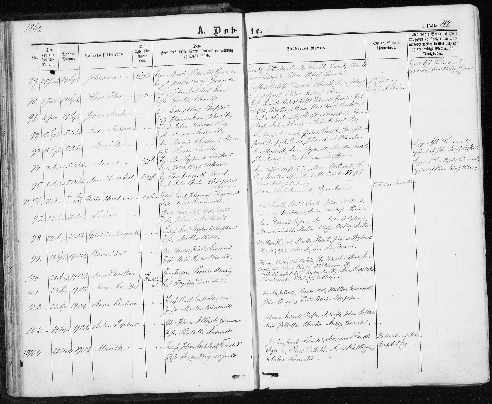Ministerialprotokoller, klokkerbøker og fødselsregistre - Sør-Trøndelag, SAT/A-1456/659/L0737: Parish register (official) no. 659A07, 1857-1875, p. 42