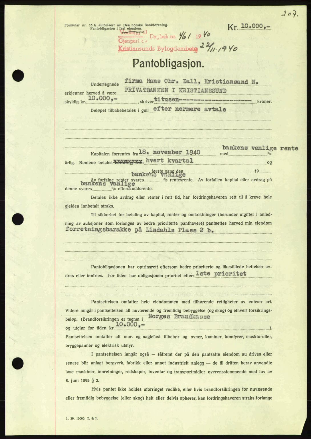 Kristiansund byfogd, AV/SAT-A-4587/A/27: Mortgage book no. 33, 1939-1941, Diary no: : 461/1940