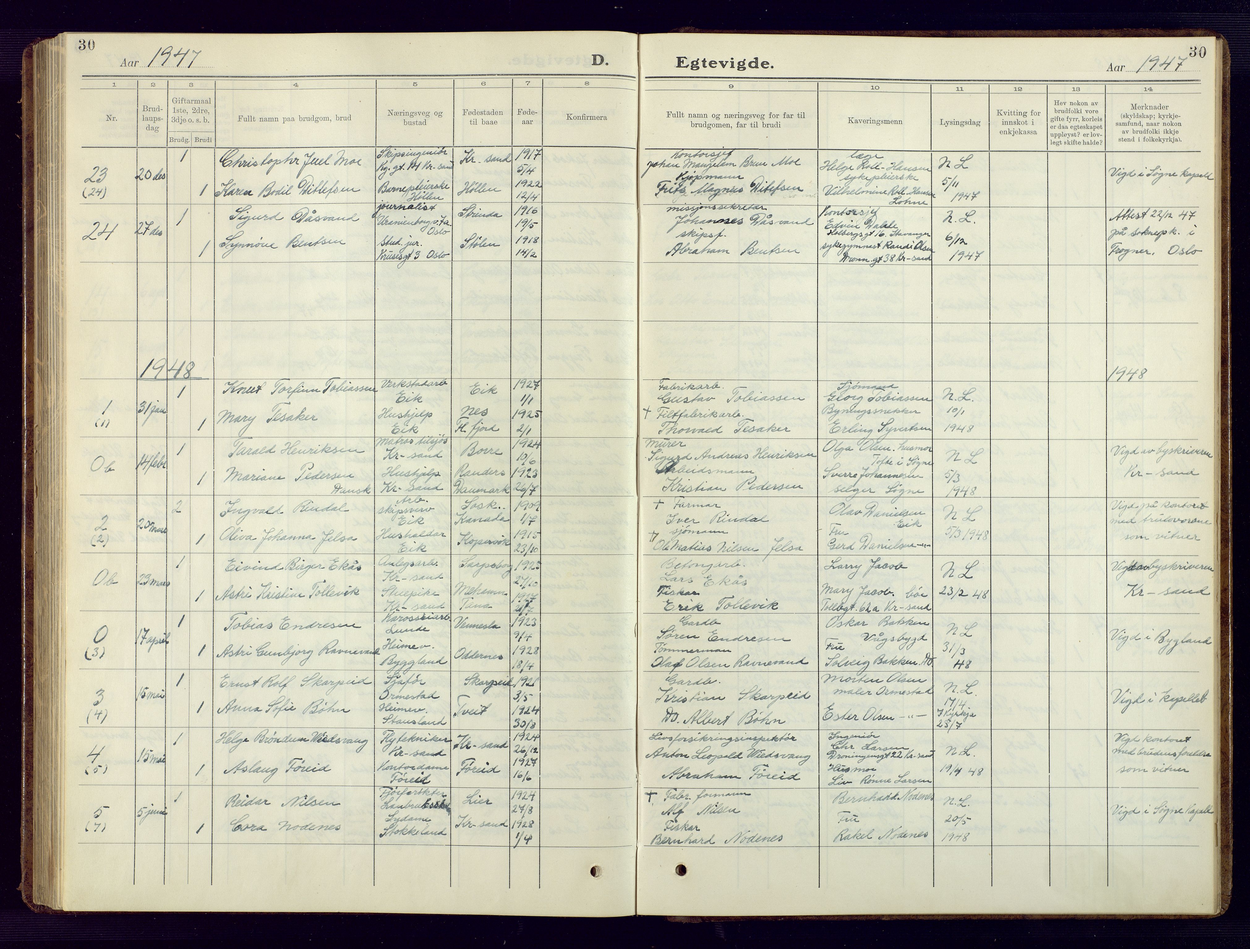 Søgne sokneprestkontor, AV/SAK-1111-0037/F/Fb/Fbb/L0008: Parish register (copy) no. B 8, 1932-1949, p. 30