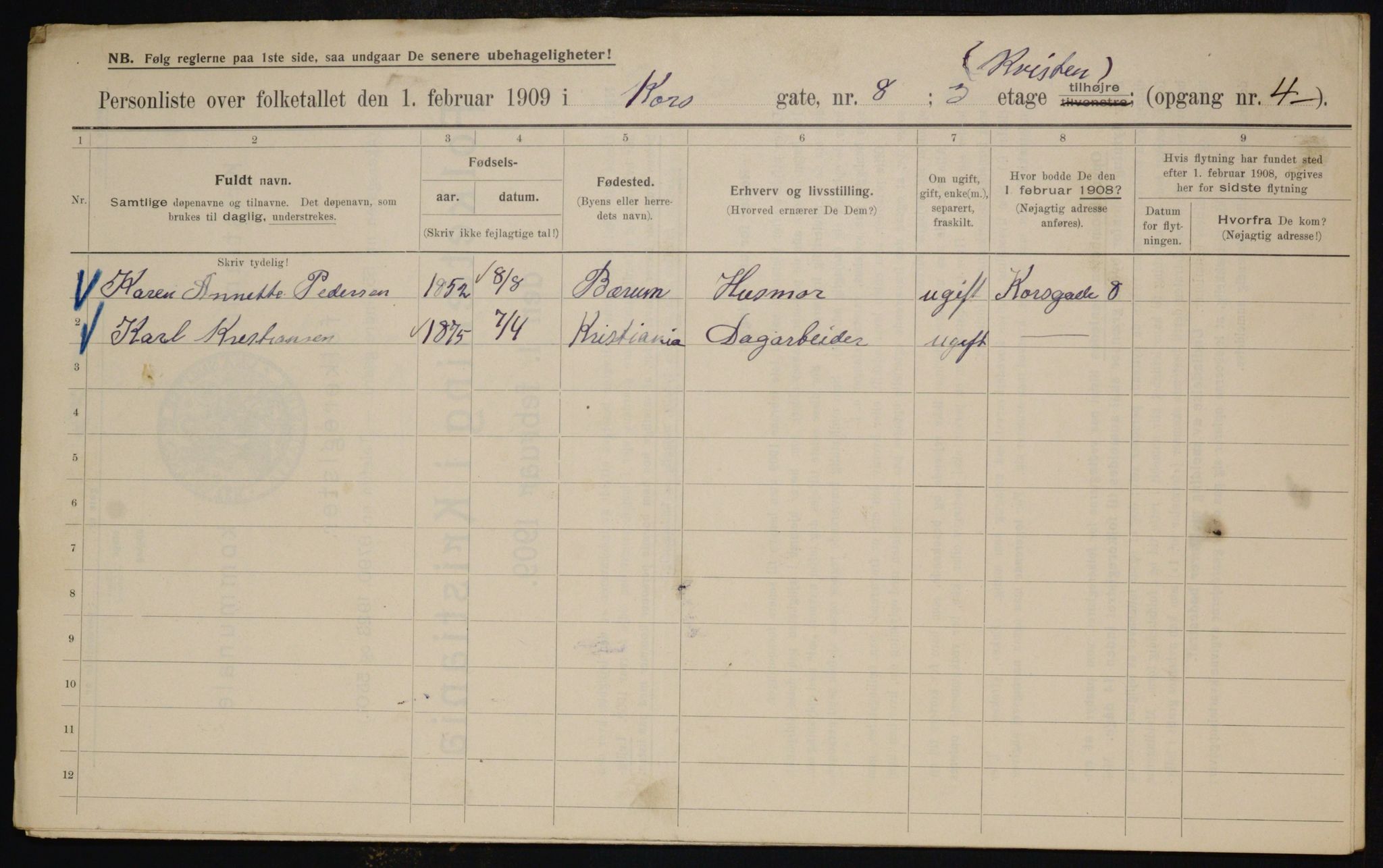 OBA, Municipal Census 1909 for Kristiania, 1909, p. 49055