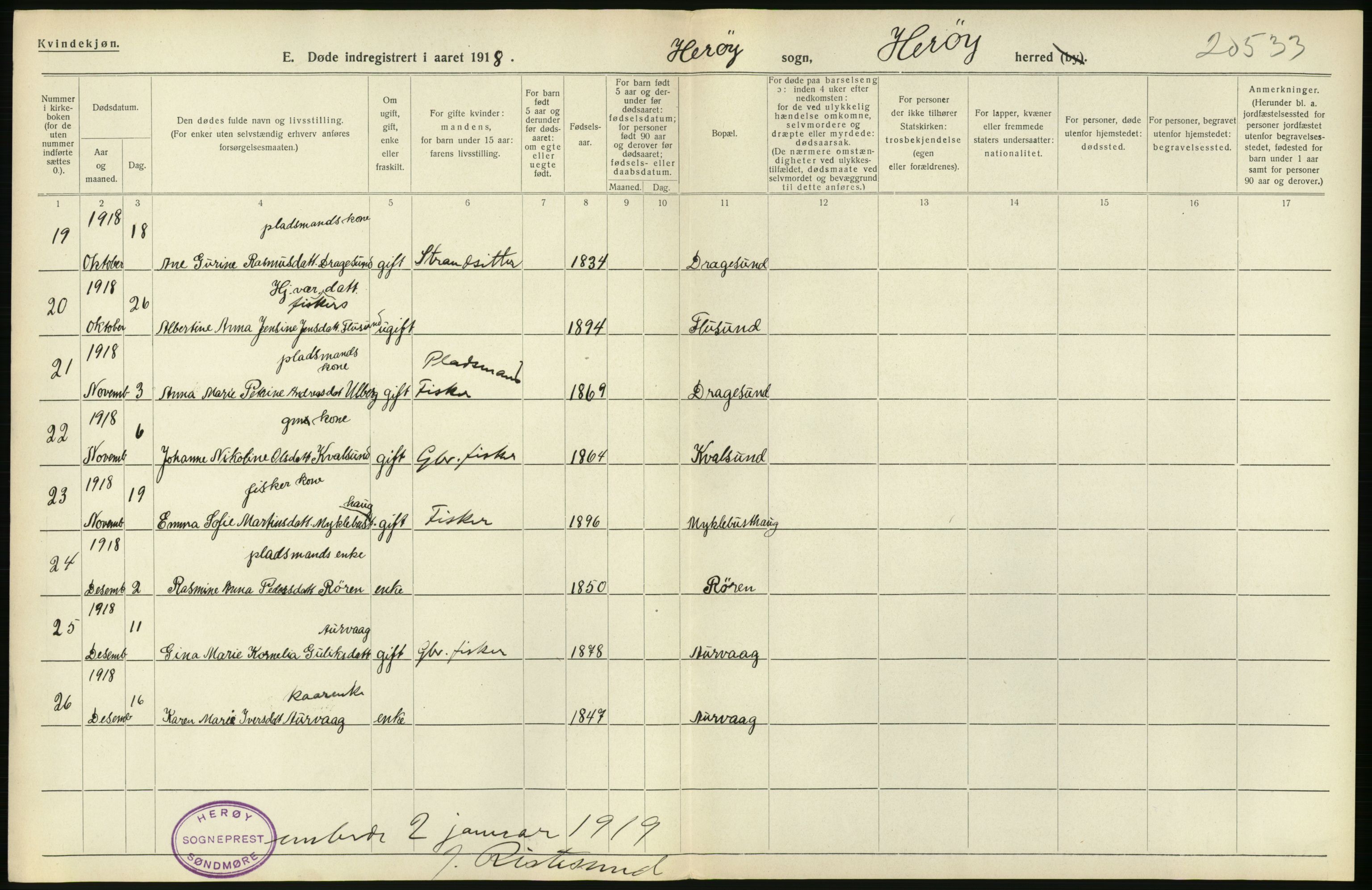 Statistisk sentralbyrå, Sosiodemografiske emner, Befolkning, RA/S-2228/D/Df/Dfb/Dfbh/L0045: Møre fylke: Døde. Bygder og byer., 1918, p. 22