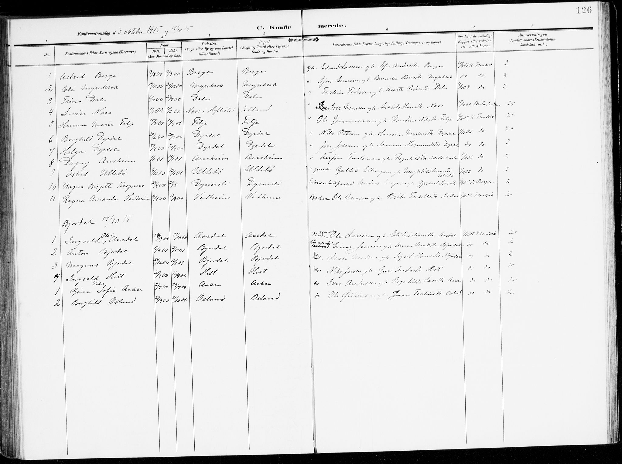 Lavik sokneprestembete, AV/SAB-A-80901: Parish register (official) no. C 2, 1904-1921, p. 126