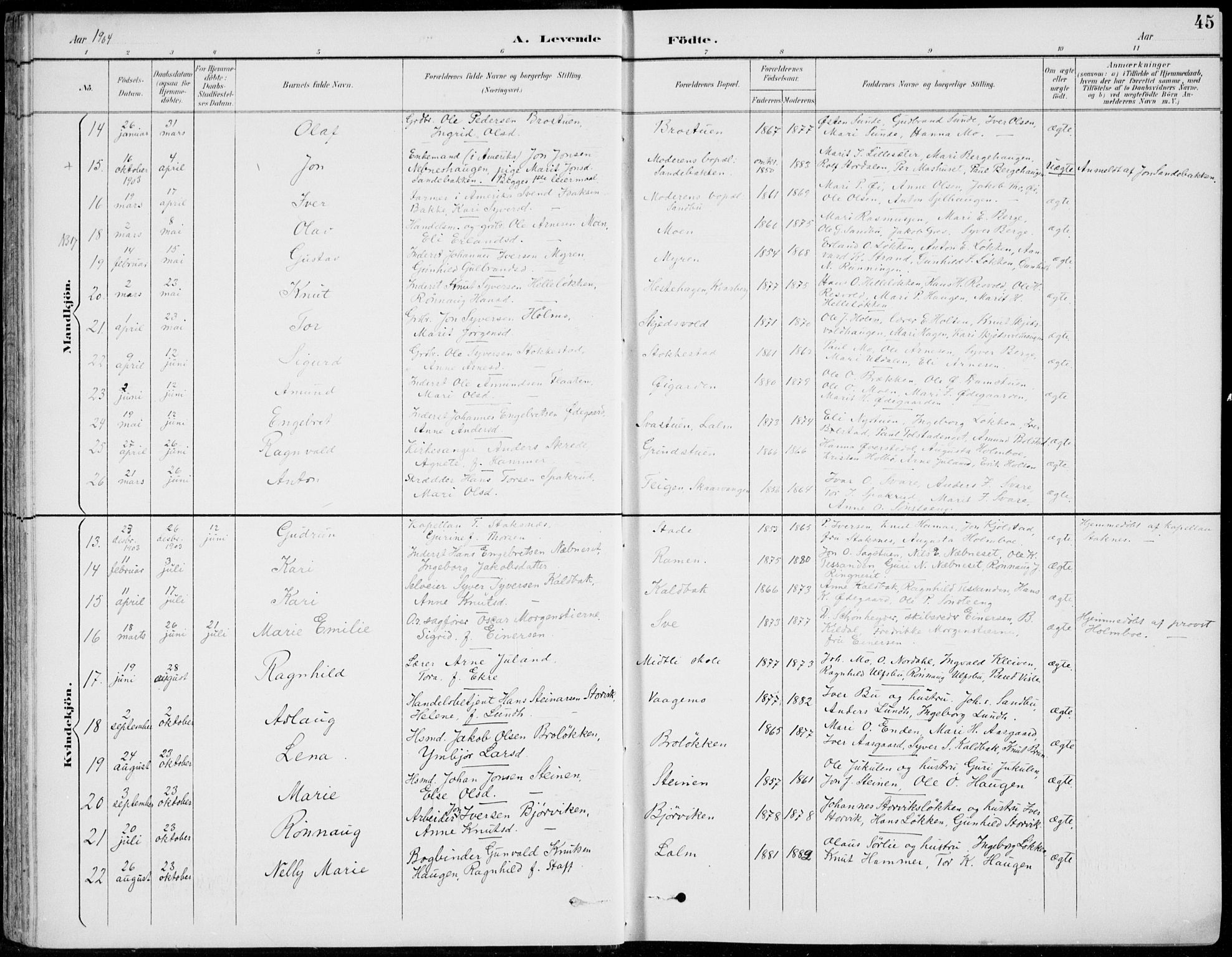 Vågå prestekontor, AV/SAH-PREST-076/H/Ha/Hab/L0002: Parish register (copy) no. 2, 1894-1939, p. 45