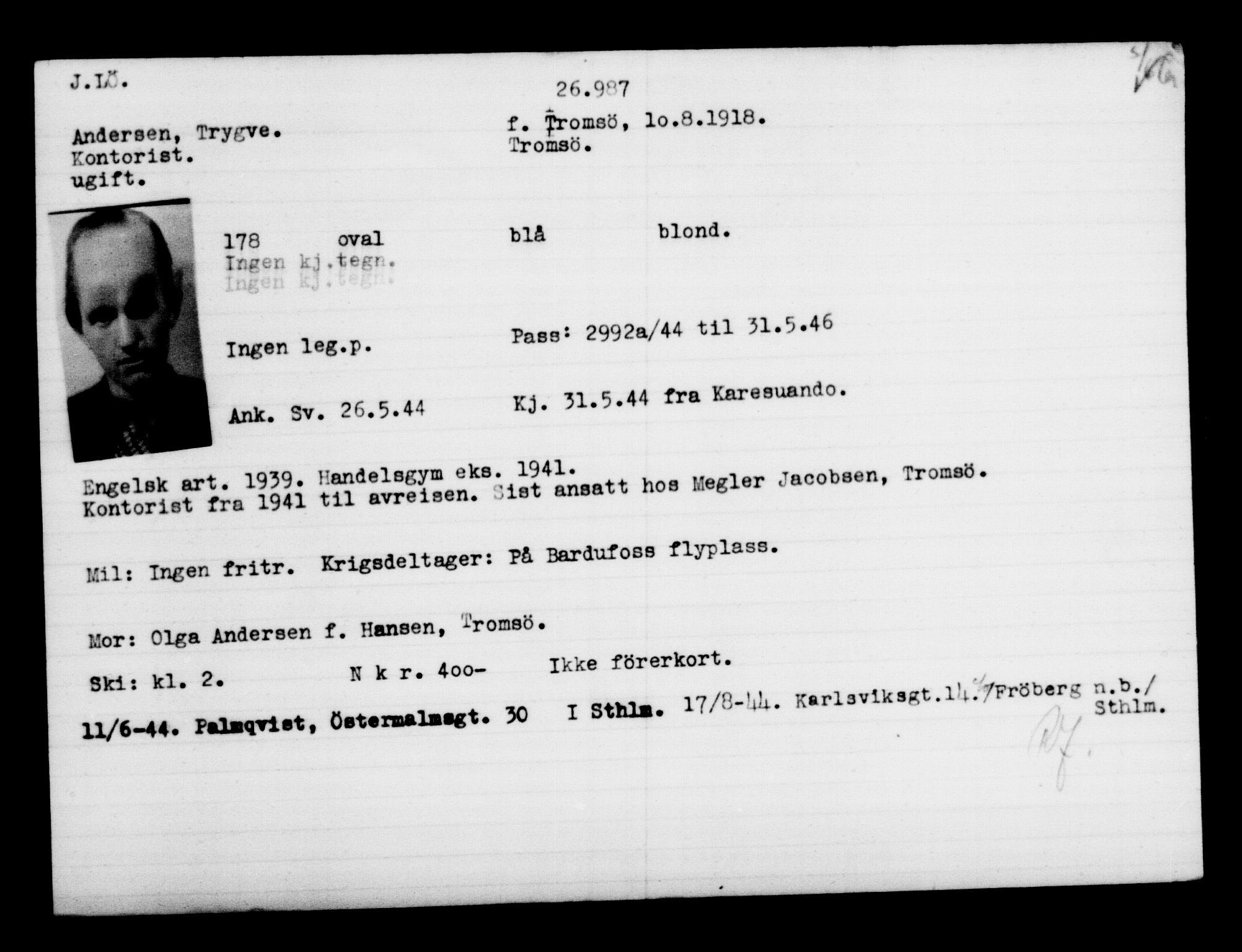 Utenriksstasjonene, Legasjonen i Stockholm, Flyktningkontoret, AV/RA-S-6753/V/Va/L0011: Kjesäterkartoteket, flyktninger med registreringsnr. 25300-28349, 1940-1945, p. 1773