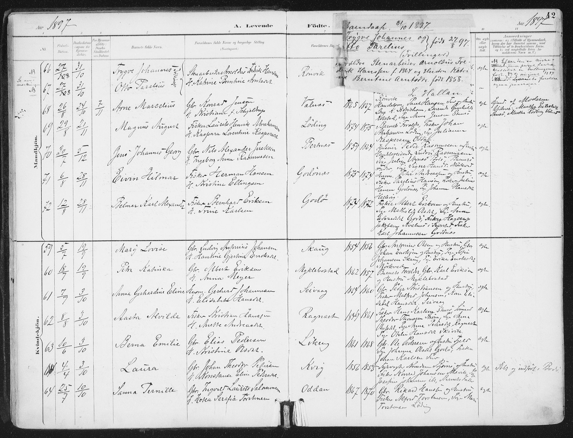 Ministerialprotokoller, klokkerbøker og fødselsregistre - Nordland, AV/SAT-A-1459/802/L0055: Parish register (official) no. 802A02, 1894-1915, p. 42