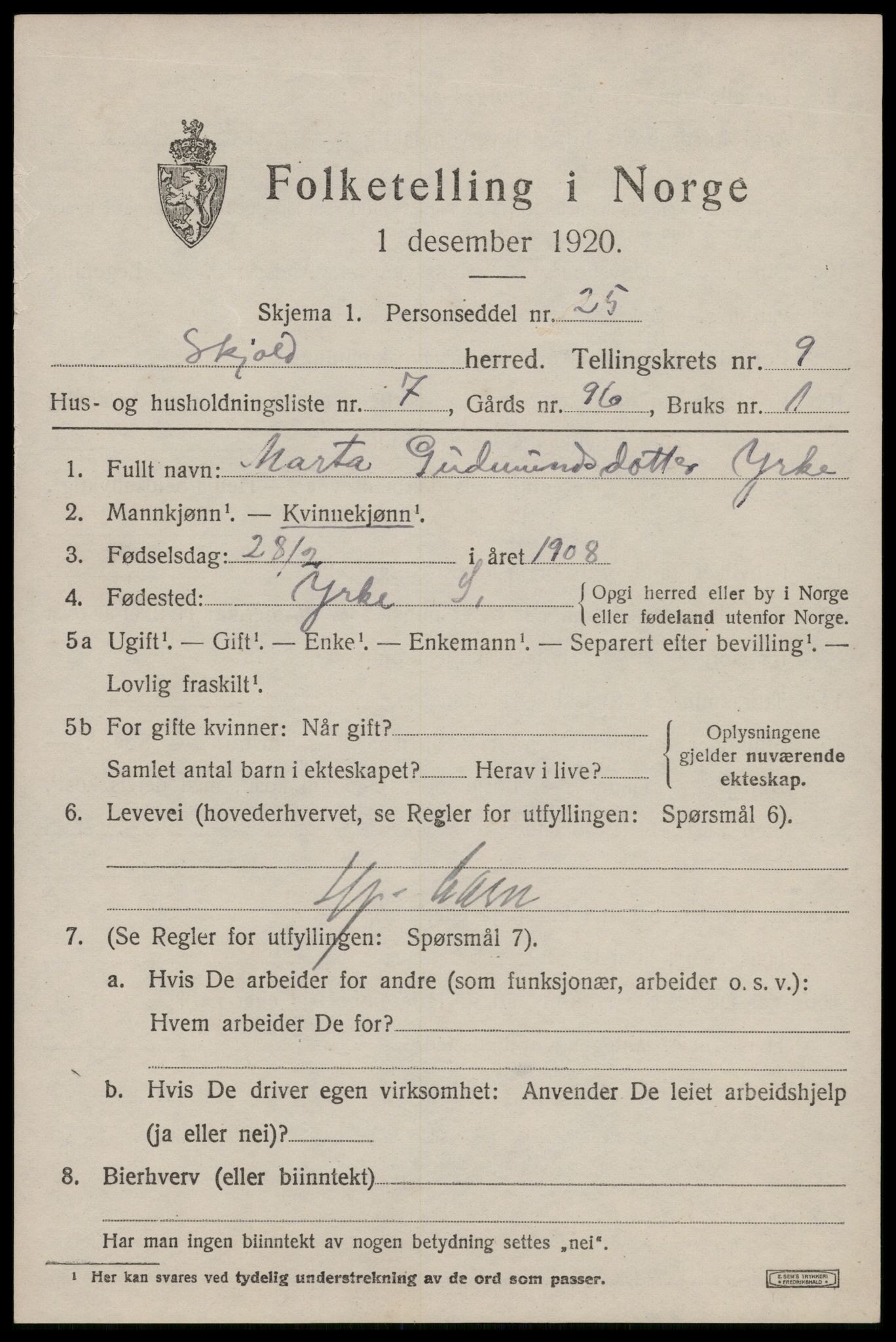 SAST, 1920 census for Skjold, 1920, p. 4434