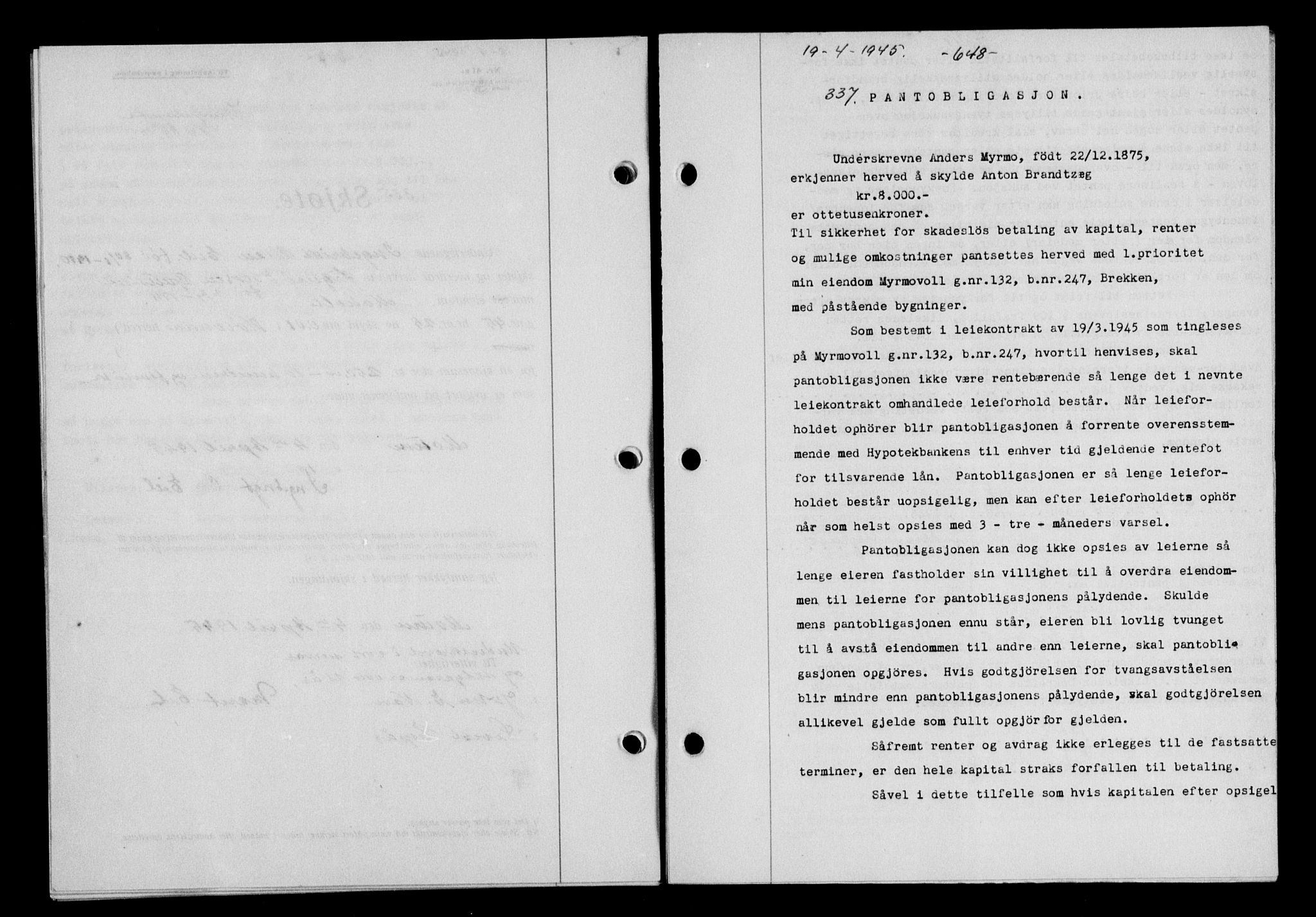 Gauldal sorenskriveri, SAT/A-0014/1/2/2C/L0058: Mortgage book no. 63, 1944-1945, Diary no: : 337/1945