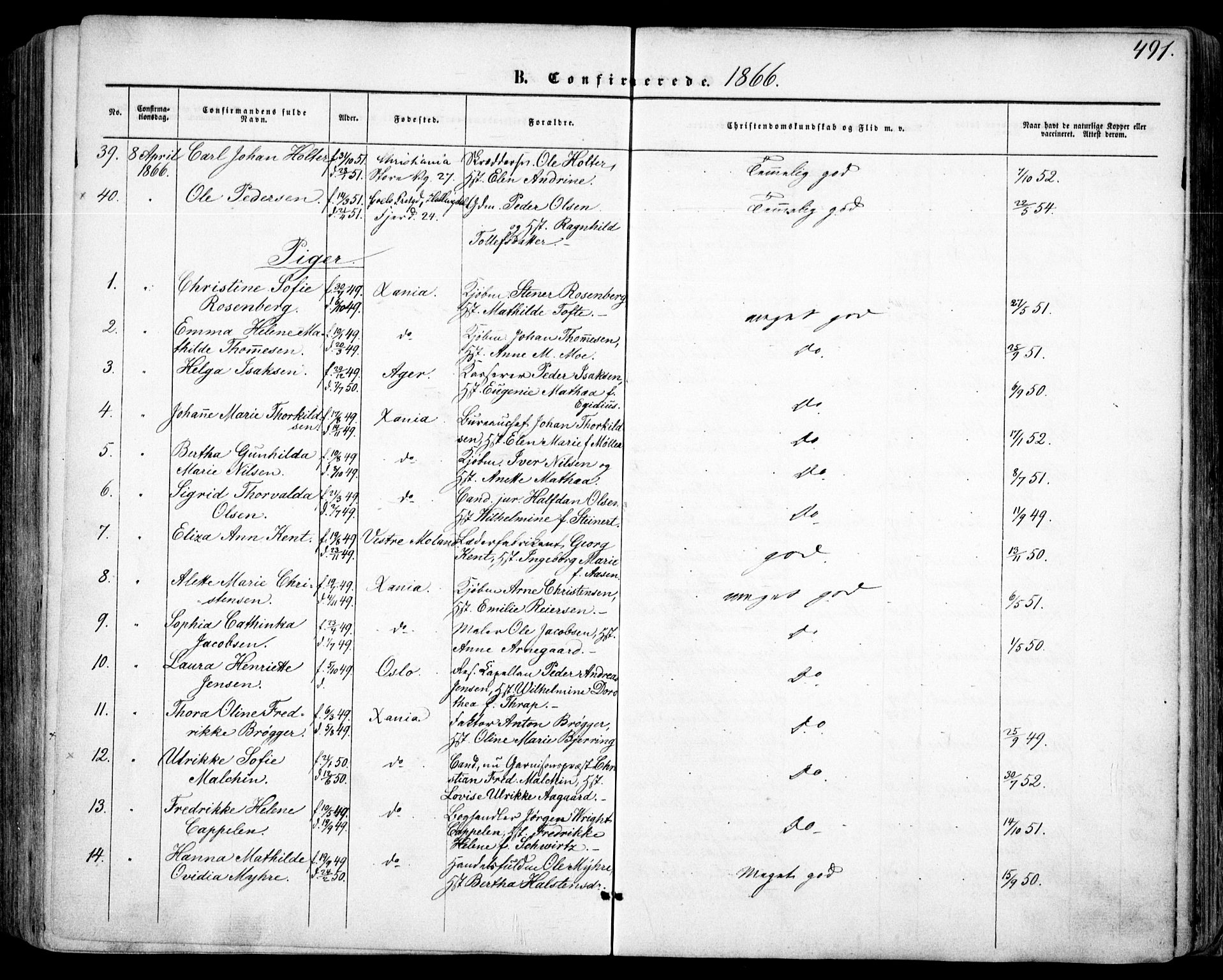 Oslo domkirke Kirkebøker, AV/SAO-A-10752/F/Fa/L0015: Parish register (official) no. 15, 1857-1871, p. 491