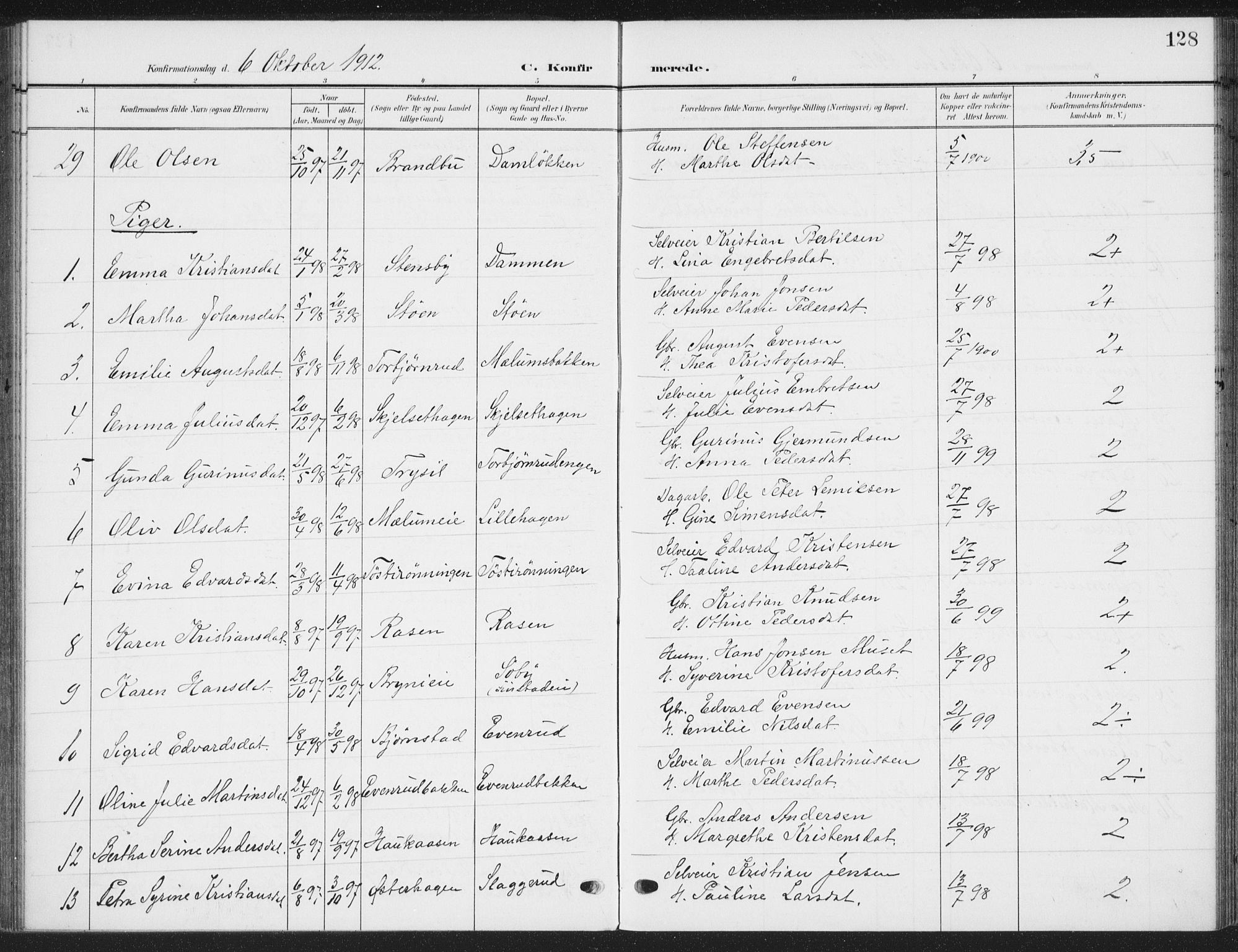 Romedal prestekontor, AV/SAH-PREST-004/K/L0009: Parish register (official) no. 9, 1906-1929, p. 128