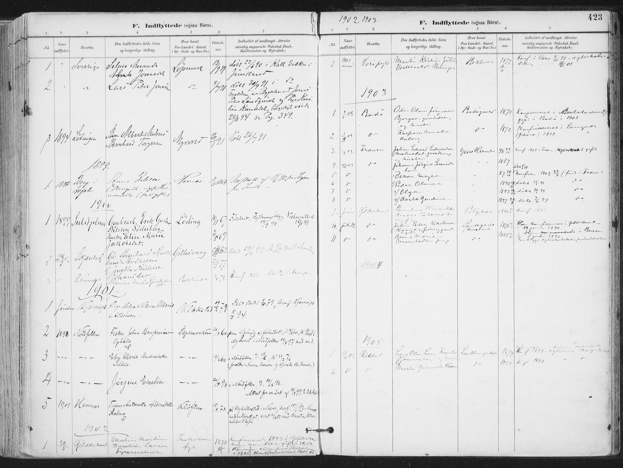 Ministerialprotokoller, klokkerbøker og fødselsregistre - Nordland, SAT/A-1459/802/L0055: Parish register (official) no. 802A02, 1894-1915, p. 423
