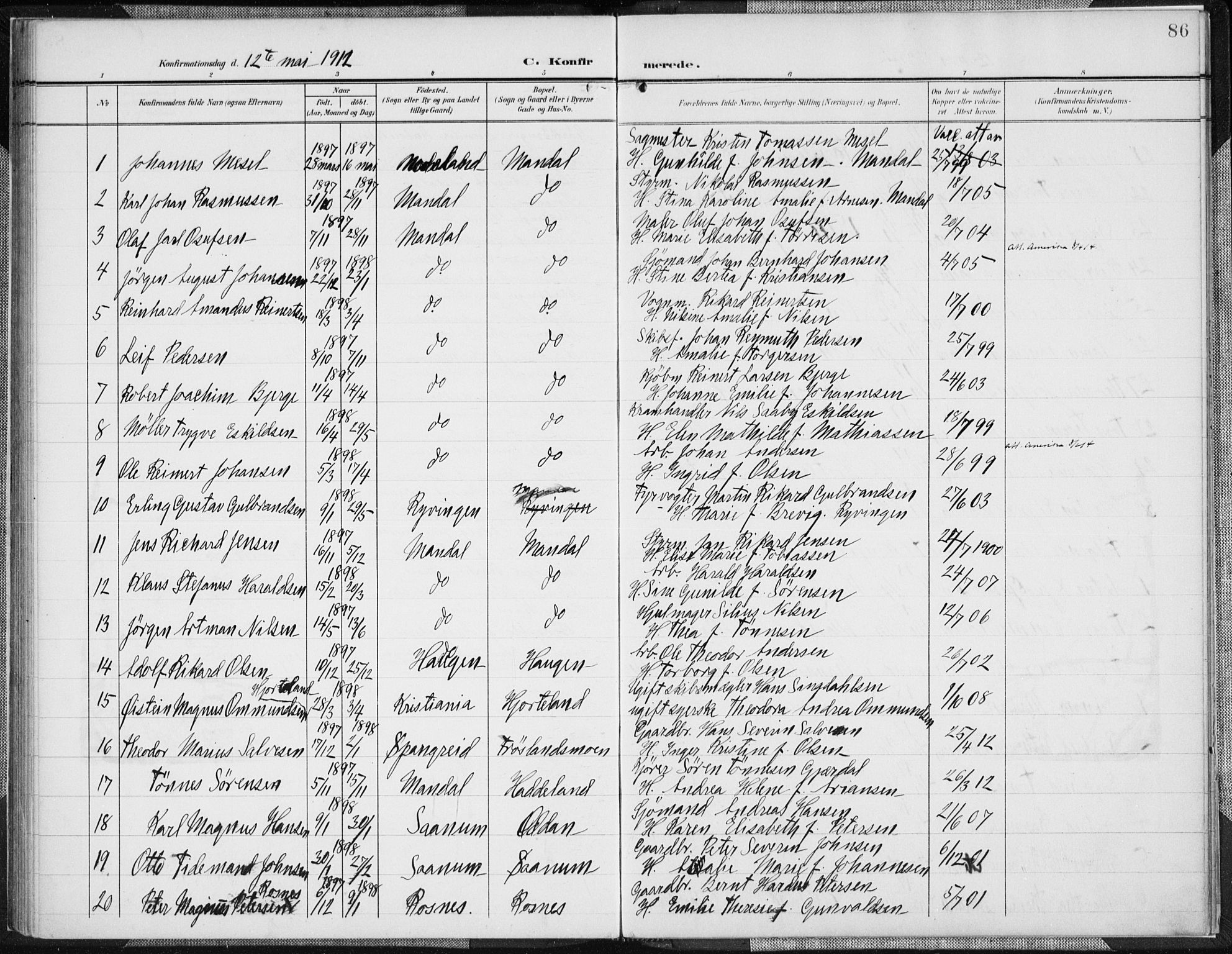 Mandal sokneprestkontor, SAK/1111-0030/F/Fa/Faa/L0019: Parish register (official) no. A 19, 1902-1912, p. 86