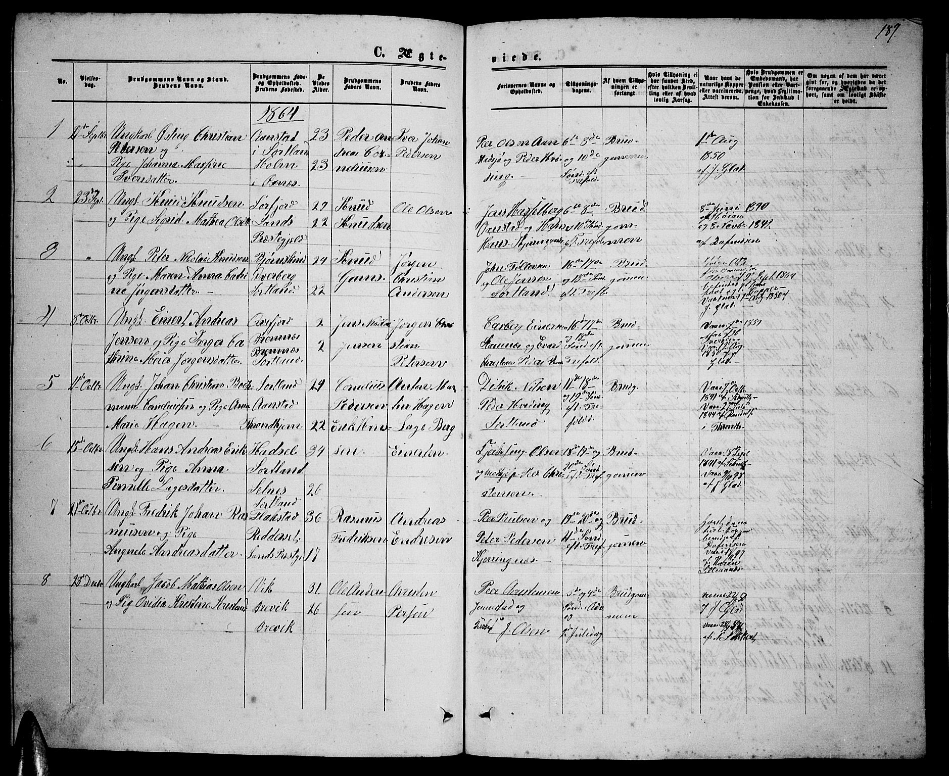 Ministerialprotokoller, klokkerbøker og fødselsregistre - Nordland, SAT/A-1459/895/L1381: Parish register (copy) no. 895C03, 1864-1885, p. 187